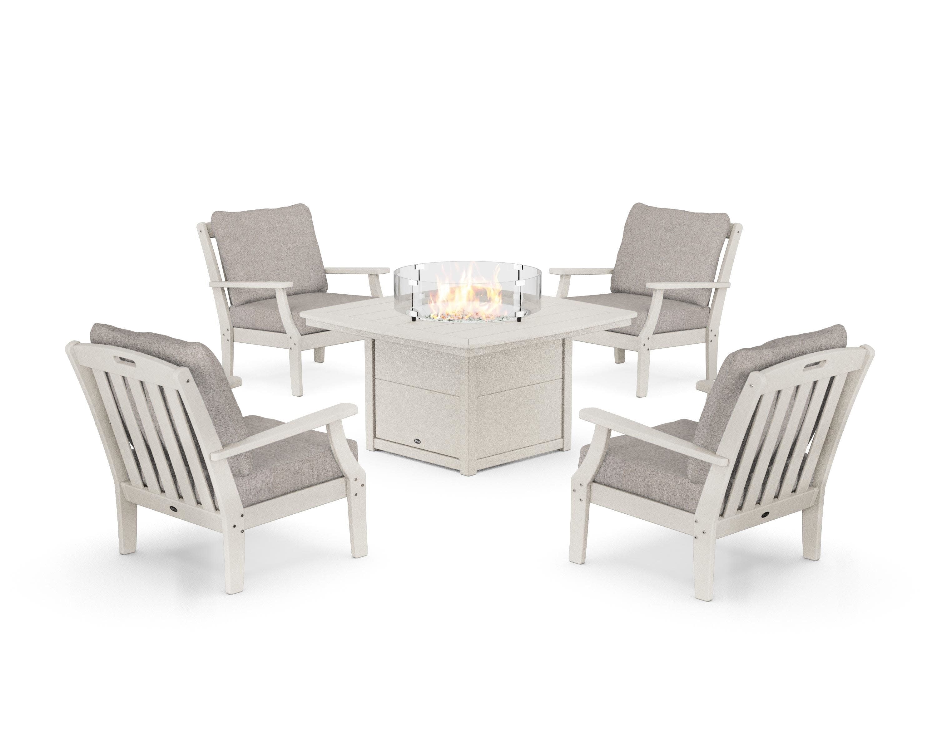 Yacht Club 5-Piece Deep Seating Set with Fire Pit Table in Sand Castle / Weathered Tweed