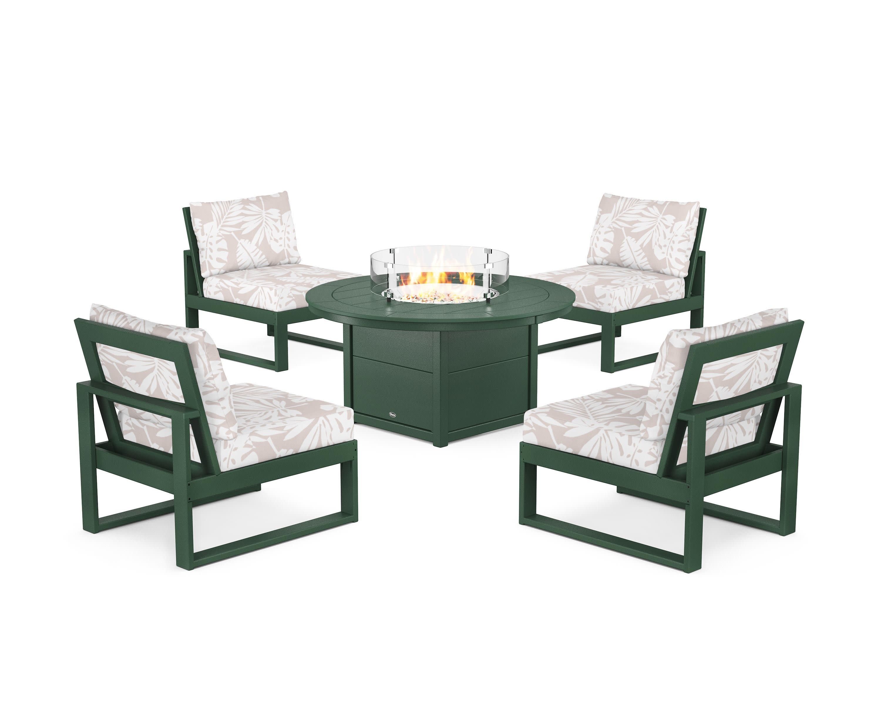 Eastport Modular 5-Piece Deep Seating Set with Round Fire Pit Table in Rainforest Canopy / Leaf Dune Burlap