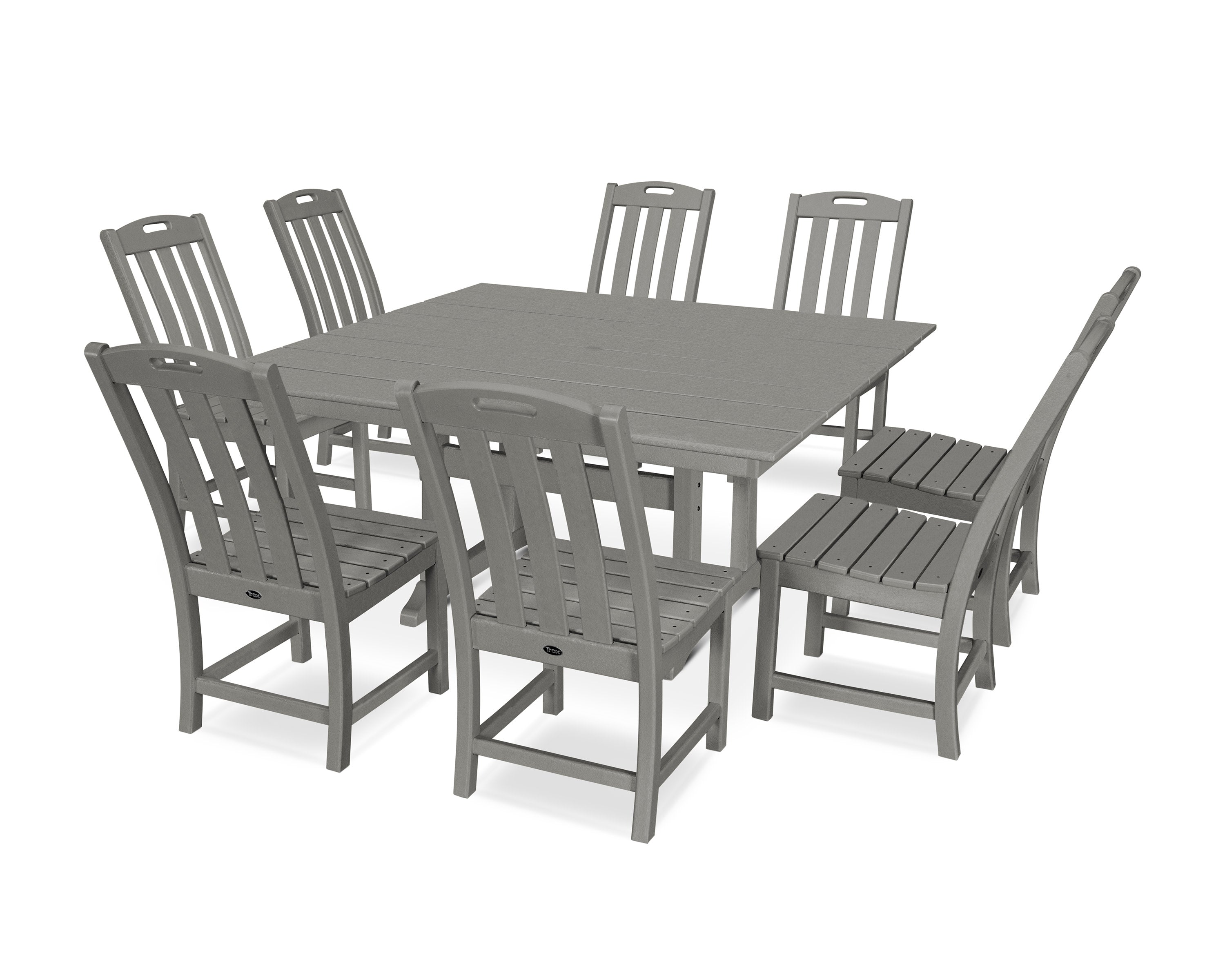 Yacht Club 9-Piece Farmhouse Trestle Side Chair Dining Set in Stepping Stone