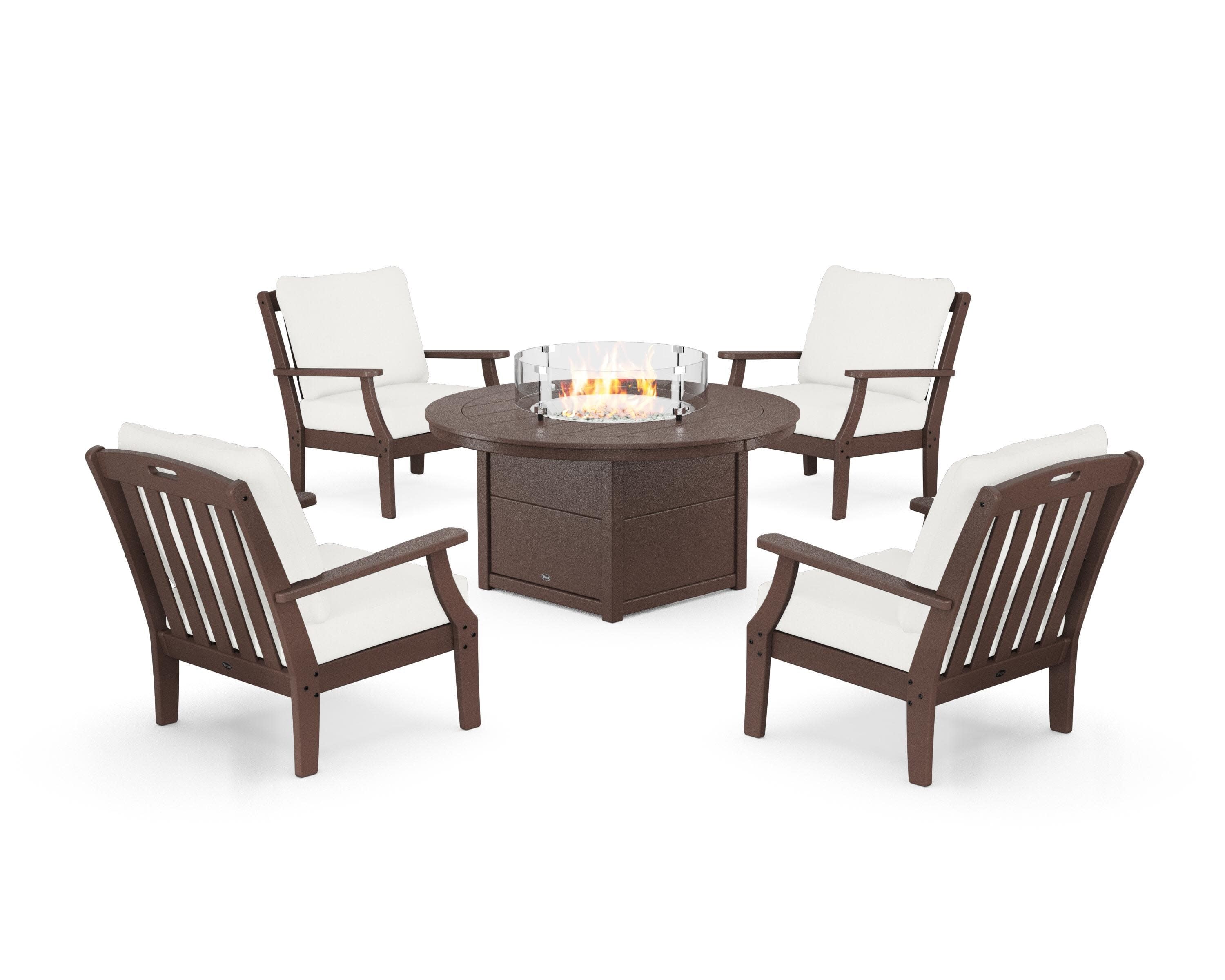 Yacht Club 5-Piece Deep Seating Set with Round Fire Pit Table in Vintage Lantern / Natural Linen
