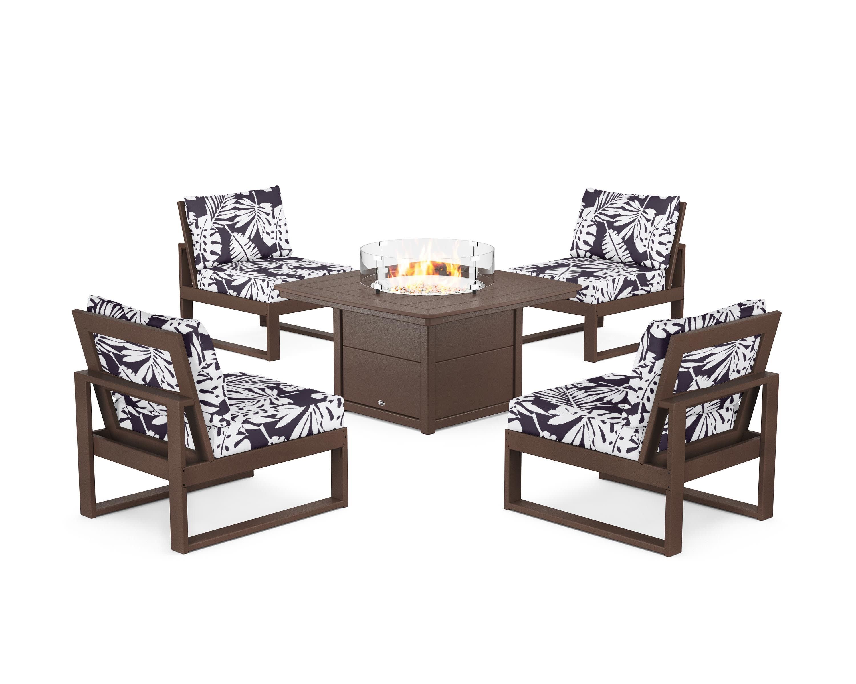 Eastport Modular 5-Piece Deep Seating Set with Yacht Club Fire Pit Table in Vintage Lantern / Leaf Navy
