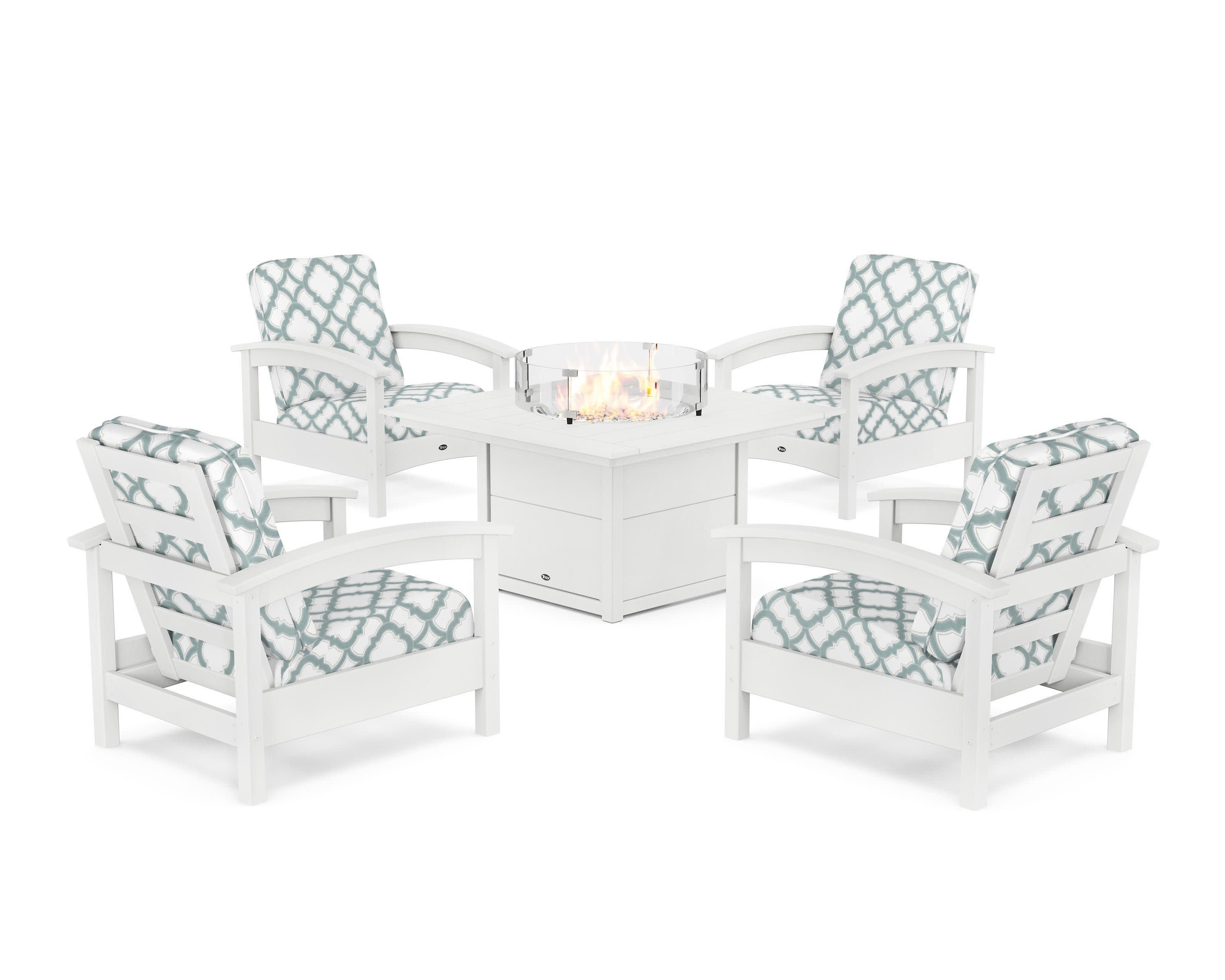 Rockport 5-Piece Deep Seating Set with Square Fire Pit Table in Classic White / Trellis Glacier Spa
