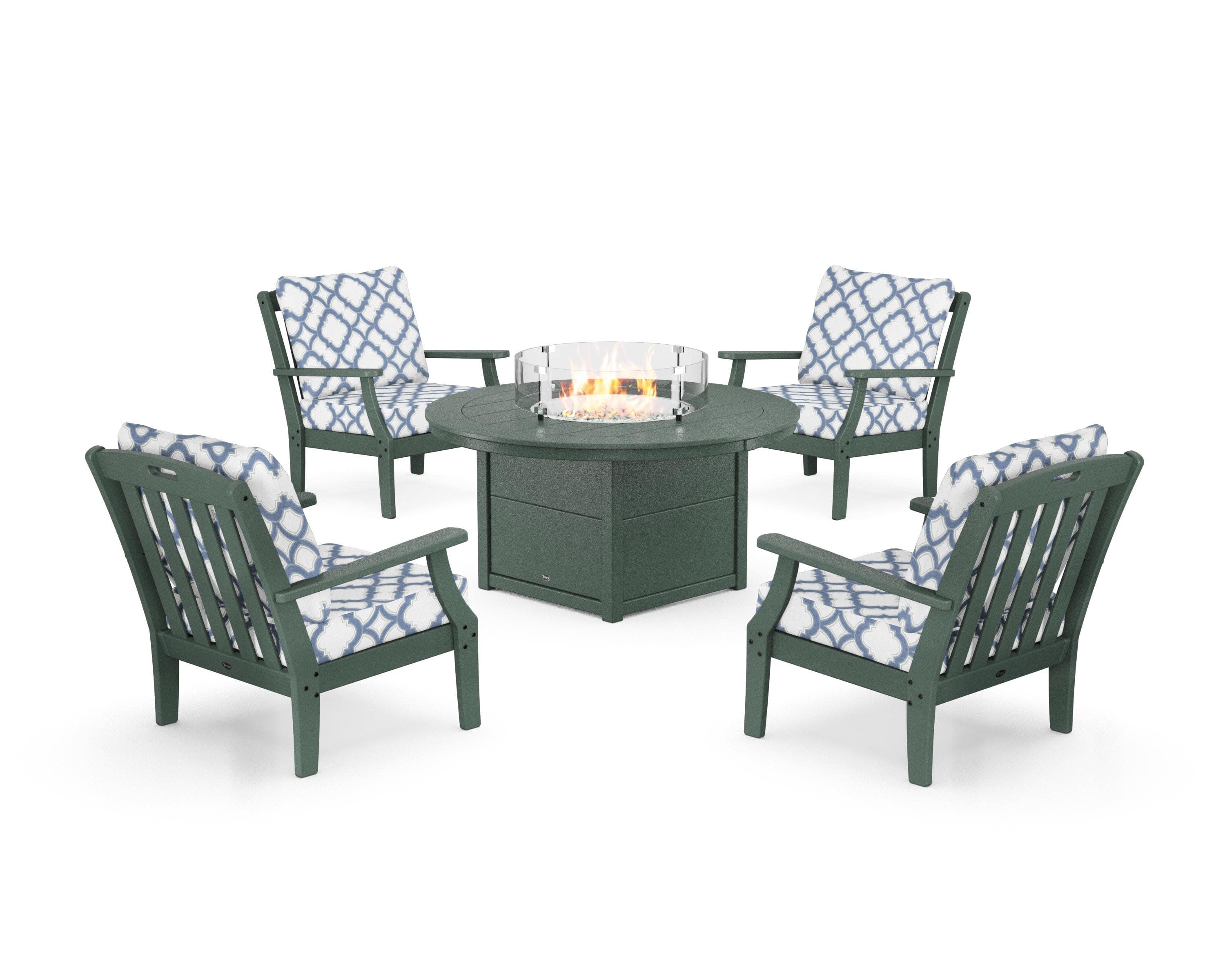 Yacht Club 5-Piece Deep Seating Set with Round Fire Pit Table in Rainforest Canopy / Trellis Sky Blue