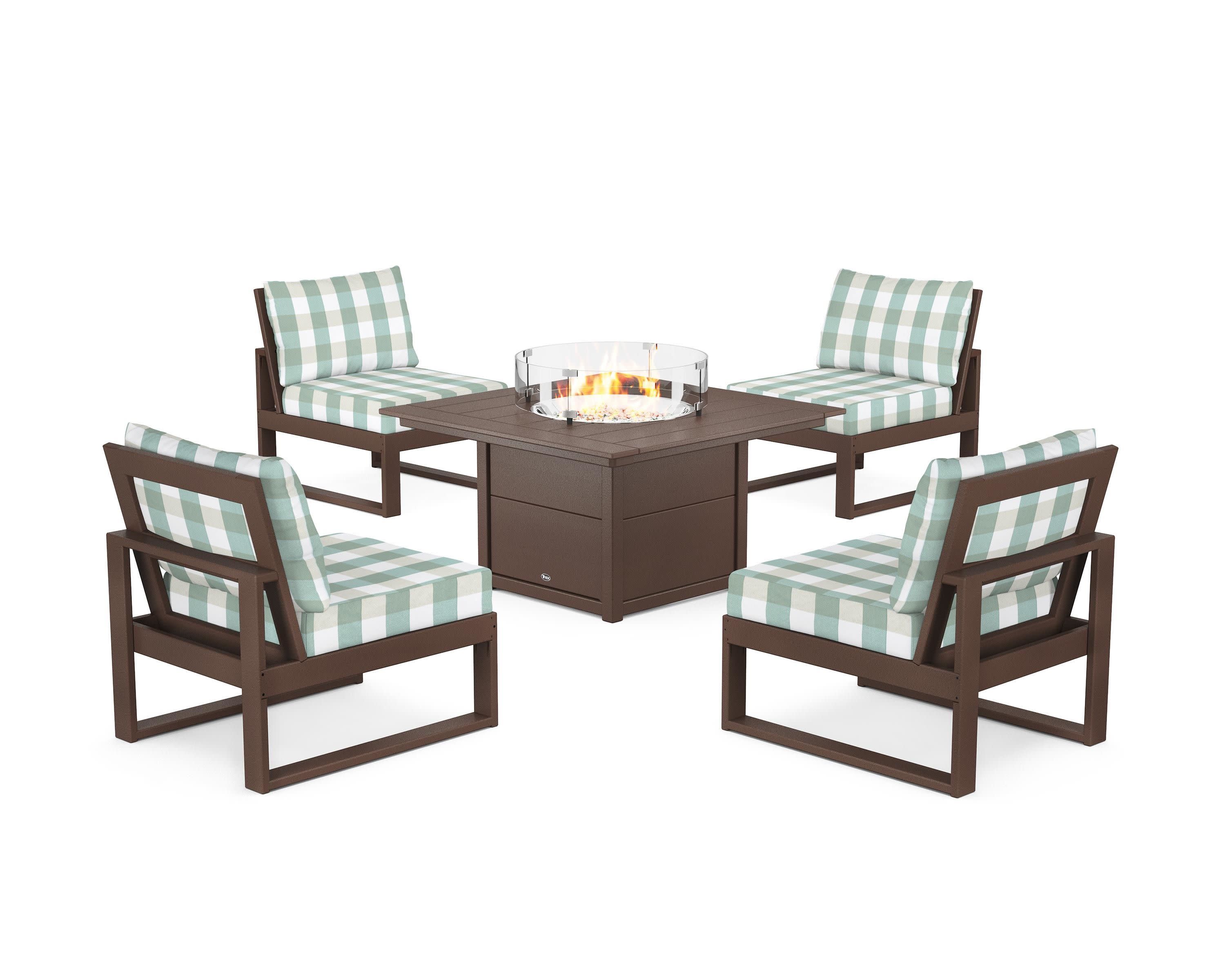 Eastport Modular 5-Piece Deep Seating Set with Square Fire Pit Table in Vintage Lantern / Buffalo Plaid Glacier Spa
