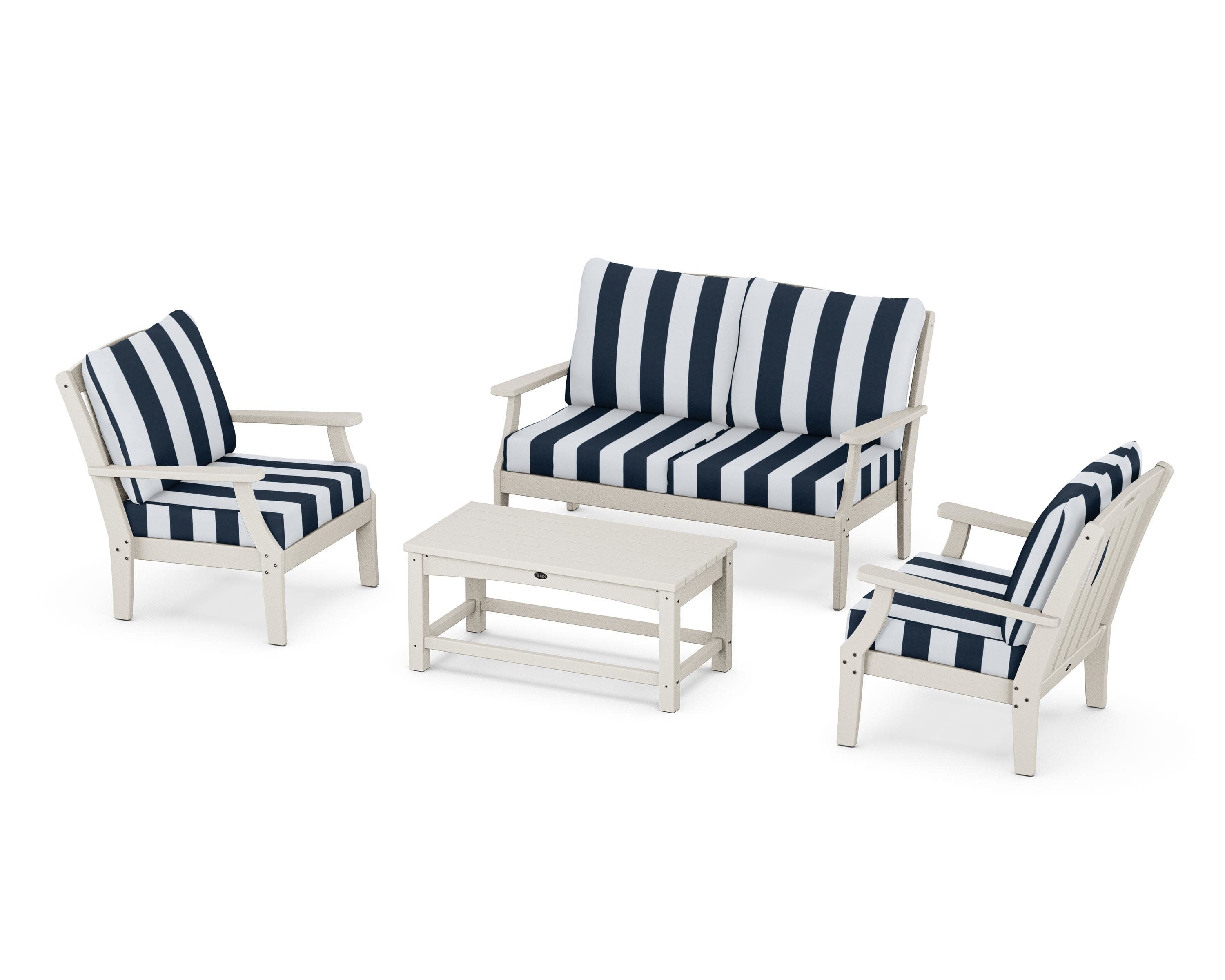 Yacht Club 4-Piece Deep Seating Chair Set in Sand Castle / Cabana Stripe Marine Indigo