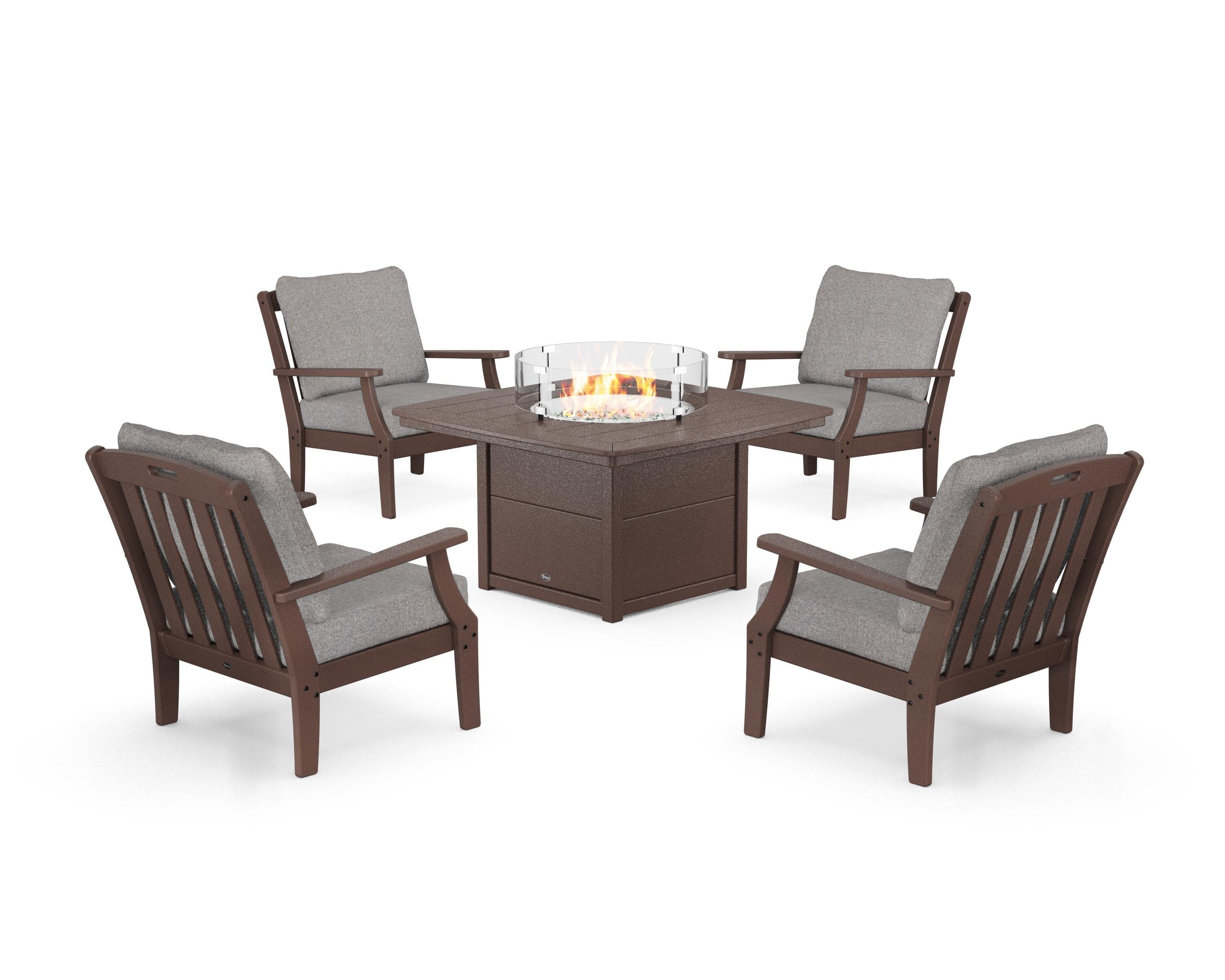Yacht Club 5-Piece Deep Seating Set with Fire Pit Table in Vintage Lantern / Grey Mist