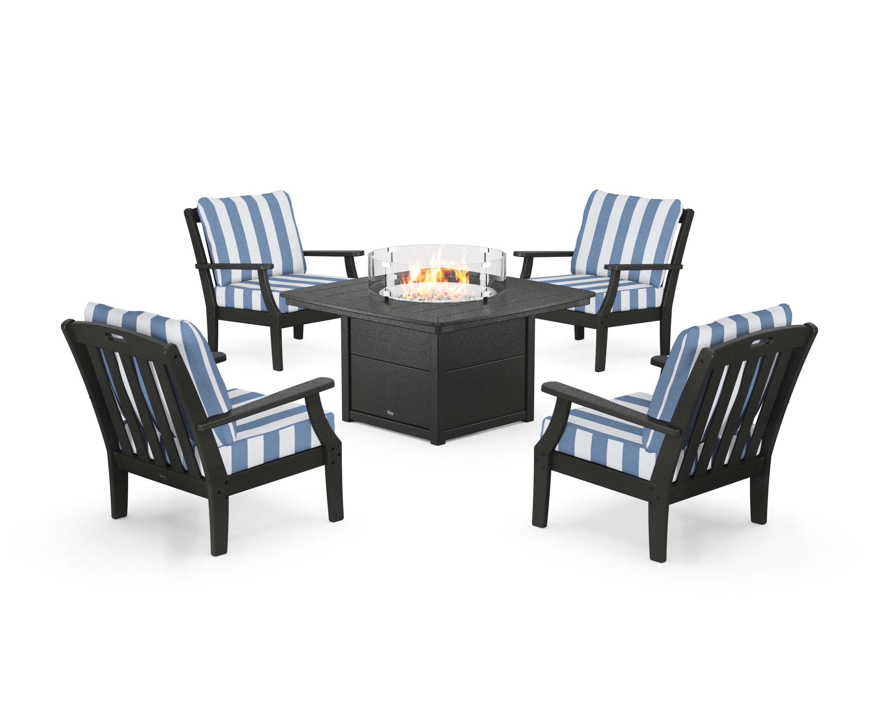 Yacht Club 5-Piece Deep Seating Set with Fire Pit Table in Charcoal Black / Cabana Stripe Sky Blue