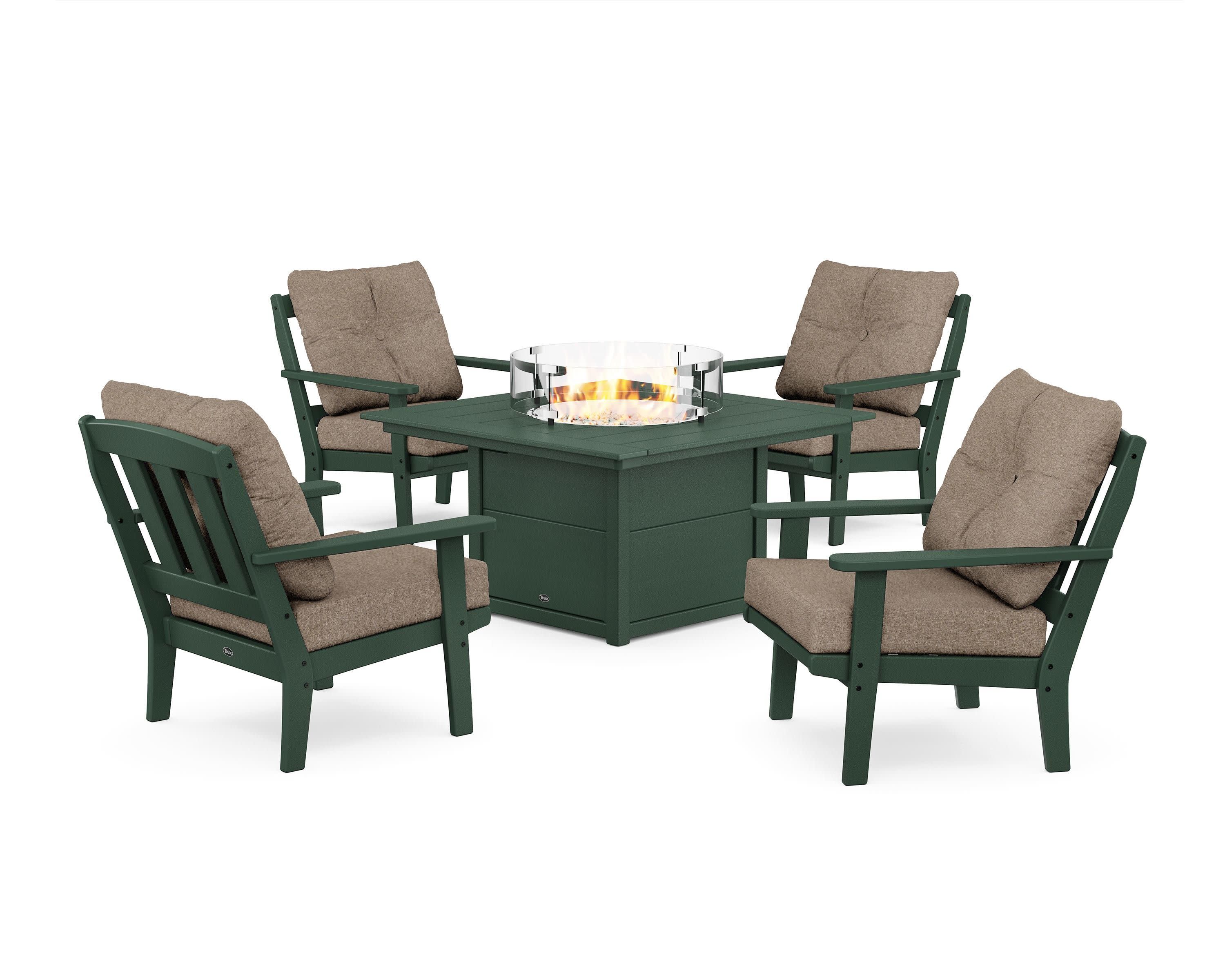 Cape Cod 5-Piece Deep Seating Set with Fire Pit Table in Rainforest Canopy / Spiced Burlap