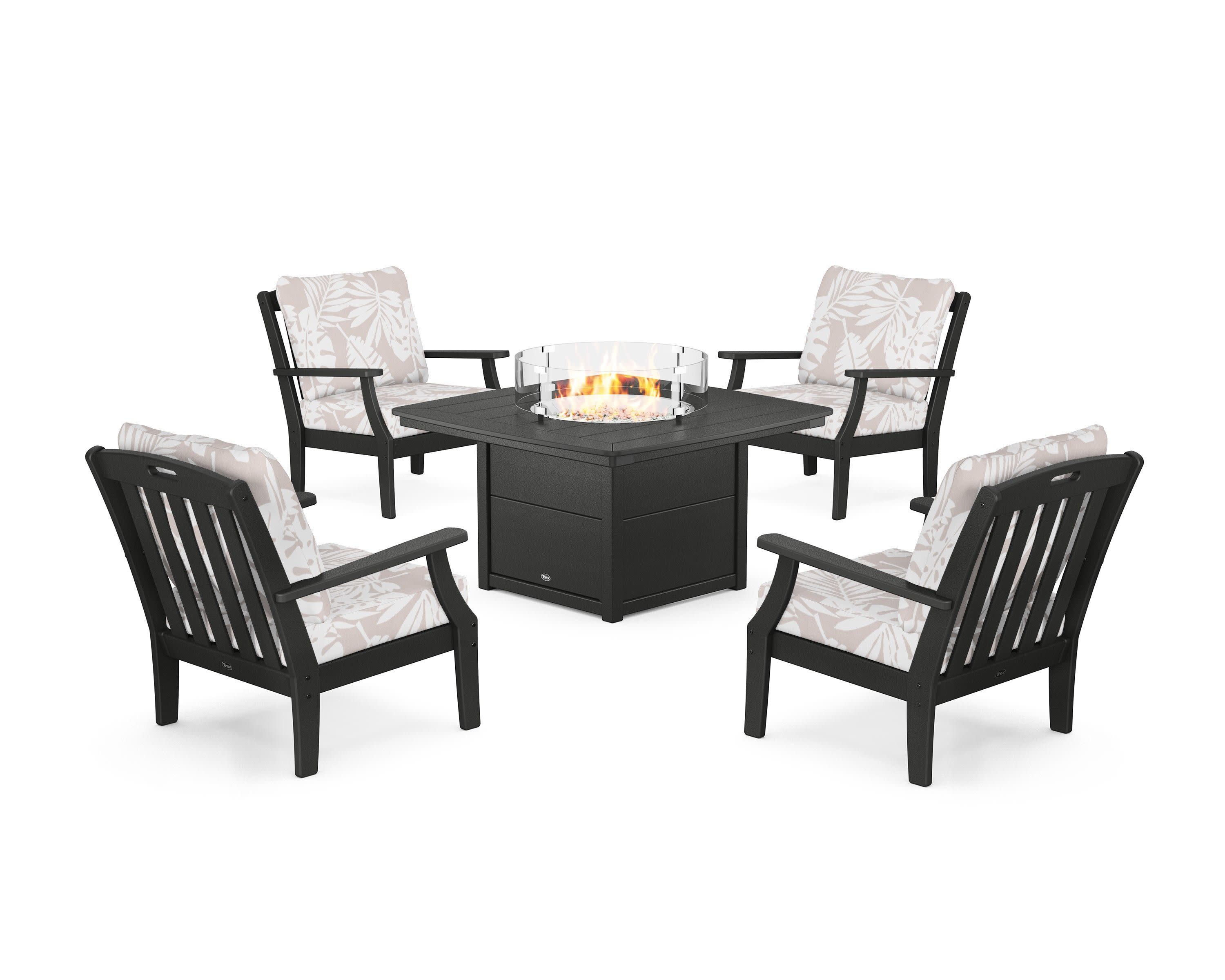 Yacht Club 5-Piece Deep Seating Set with Fire Pit Table in Charcoal Black / Leaf Dune Burlap