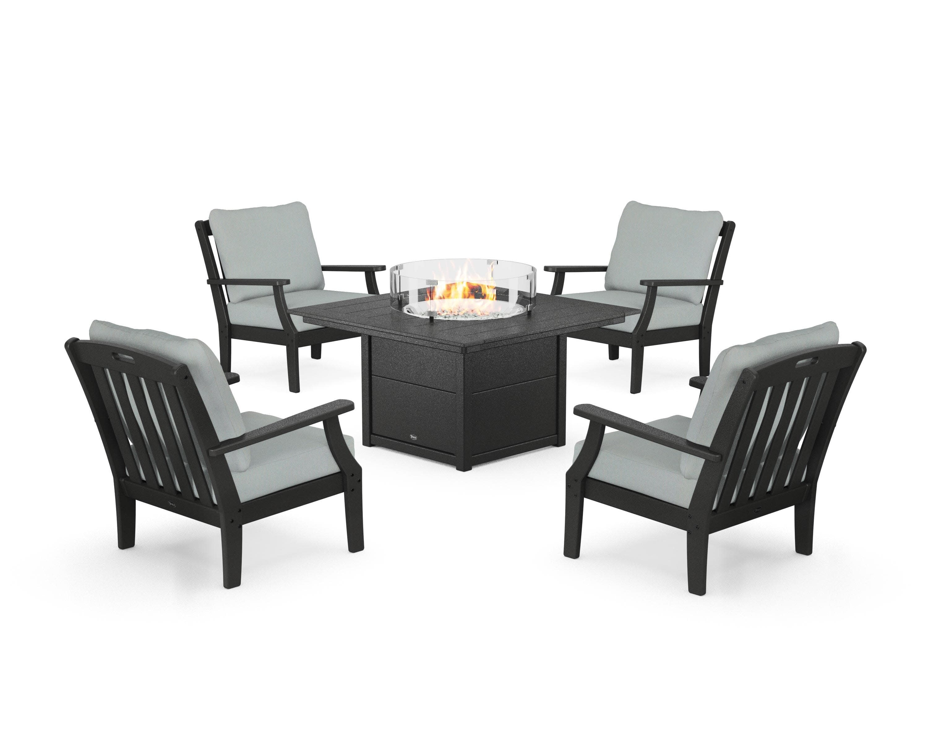 Yacht Club 5-Piece Deep Seating Set with Square Fire Pit Table in Charcoal Black / Spa