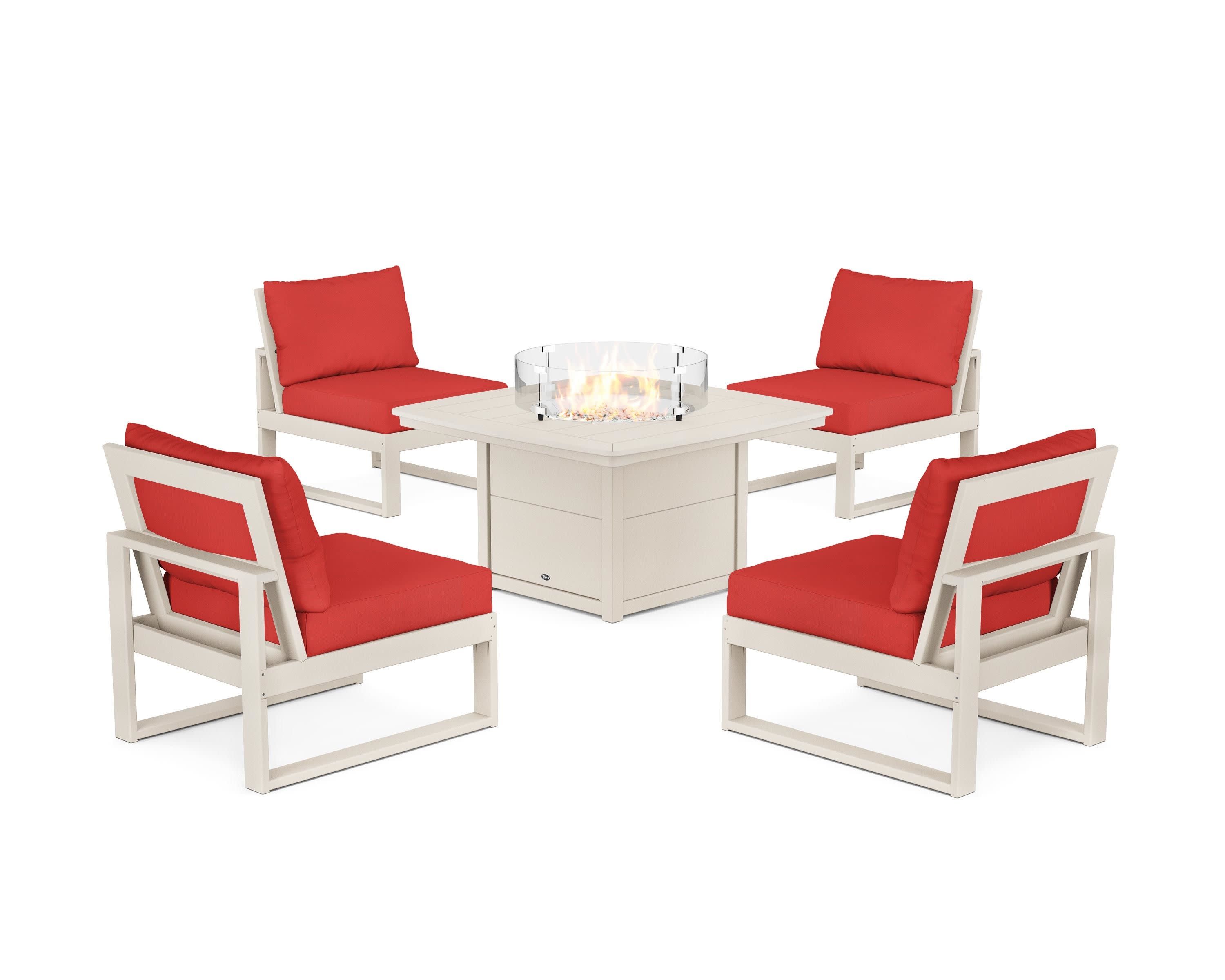 Eastport Modular 5-Piece Deep Seating Set with Yacht Club Fire Pit Table in Sand Castle / Crimson Linen