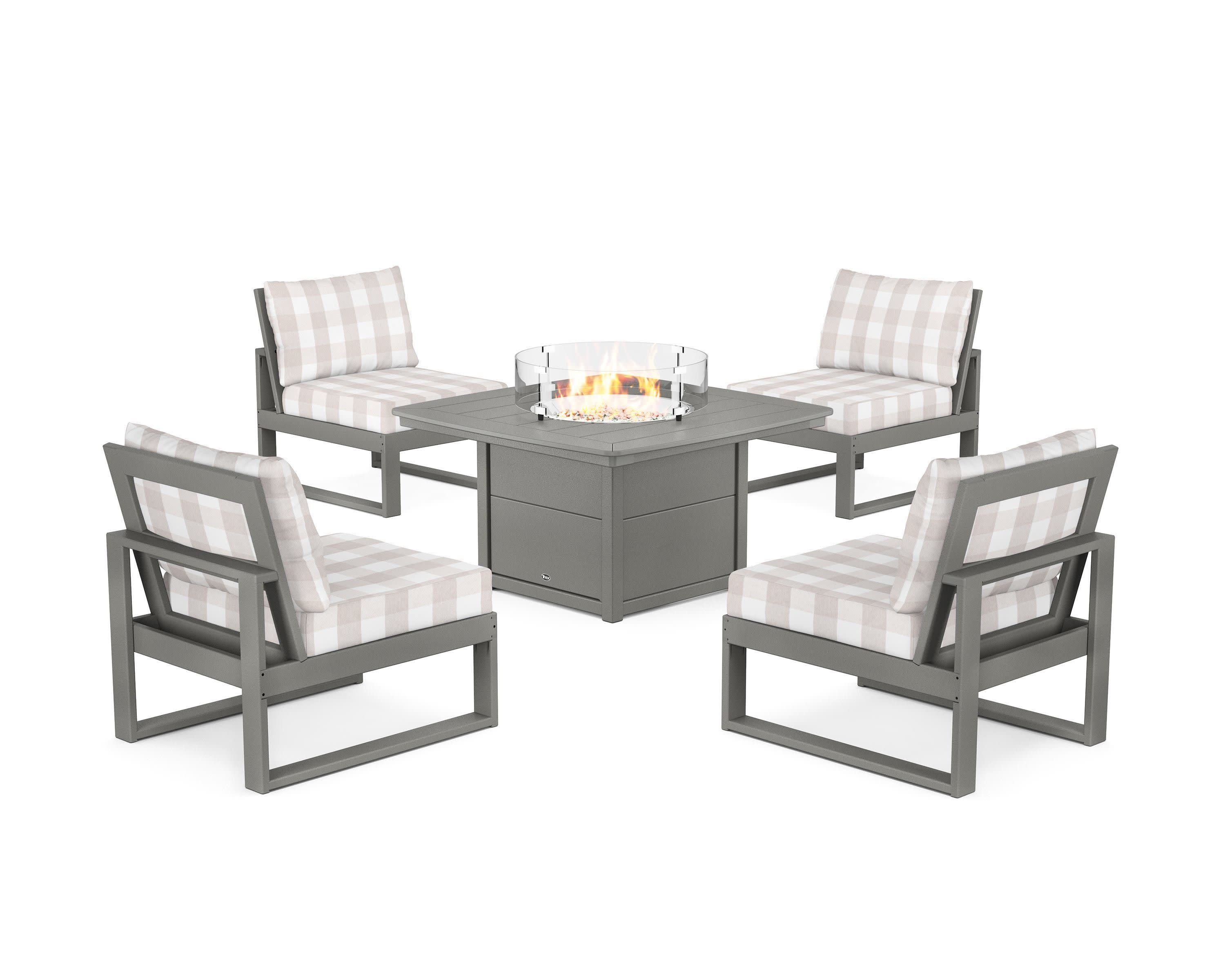 Eastport Modular 5-Piece Deep Seating Set with Yacht Club Fire Pit Table in Stepping Stone / Buffalo Plaid Dune Burlap