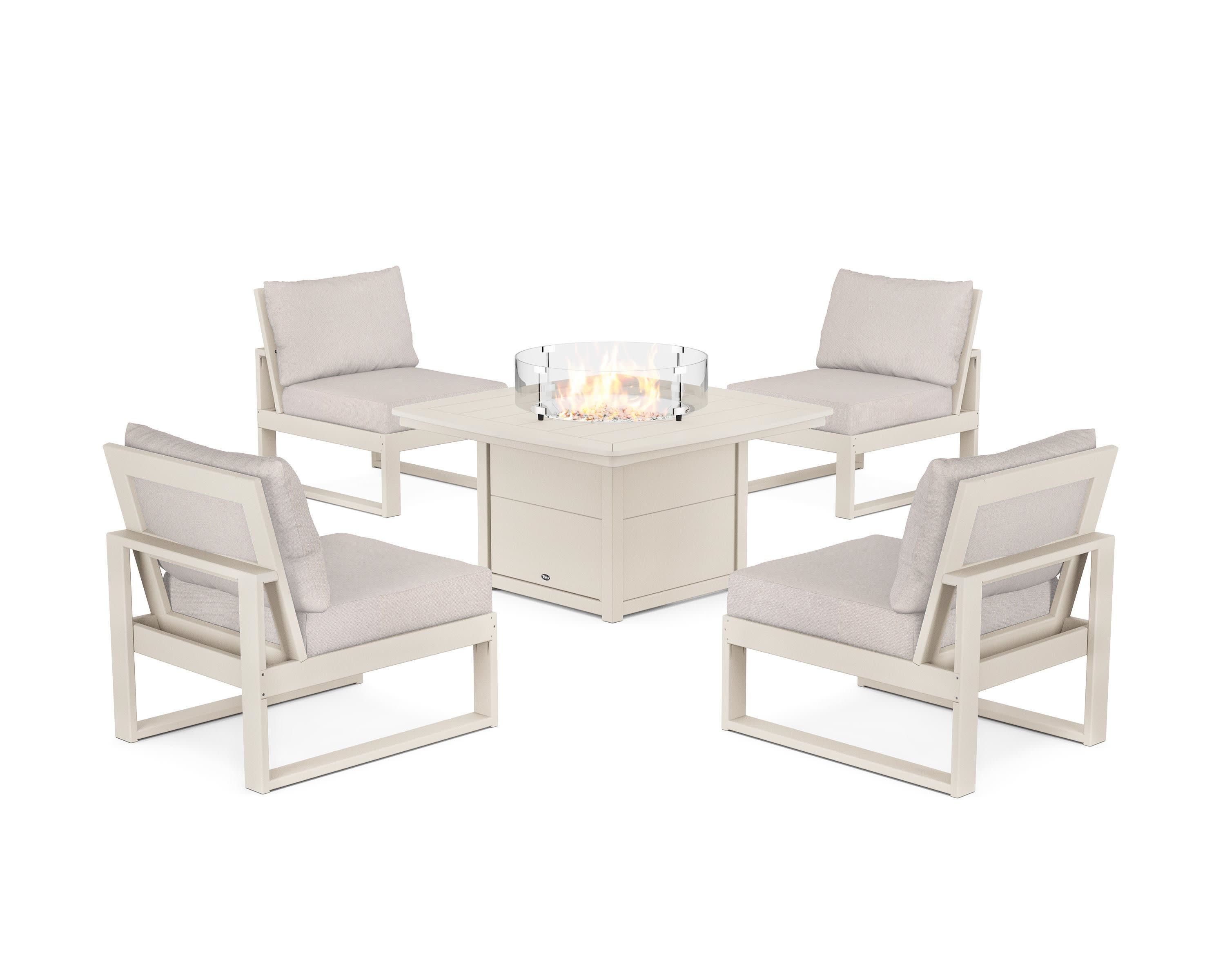 Eastport Modular 5-Piece Deep Seating Set with Yacht Club Fire Pit Table in Sand Castle / Dune Burlap