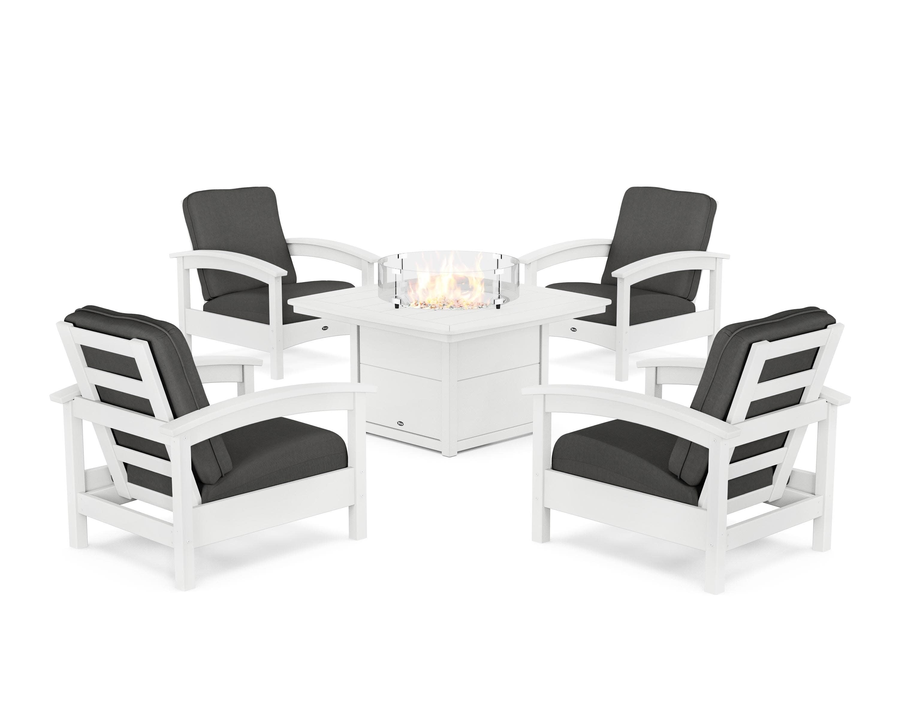 Rockport 5-Piece Deep Seating Set with Yacht Club Fire Pit Table in Classic White / Spectrum Carbon
