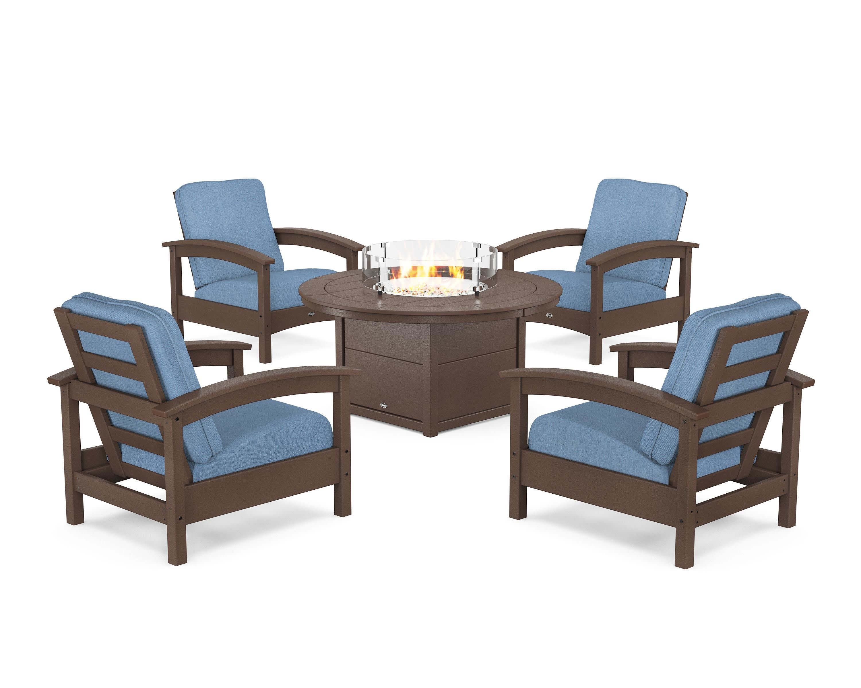 Rockport 5-Piece Deep Seating Set with Round Fire Pit Table in Vintage Lantern / Sky Blue