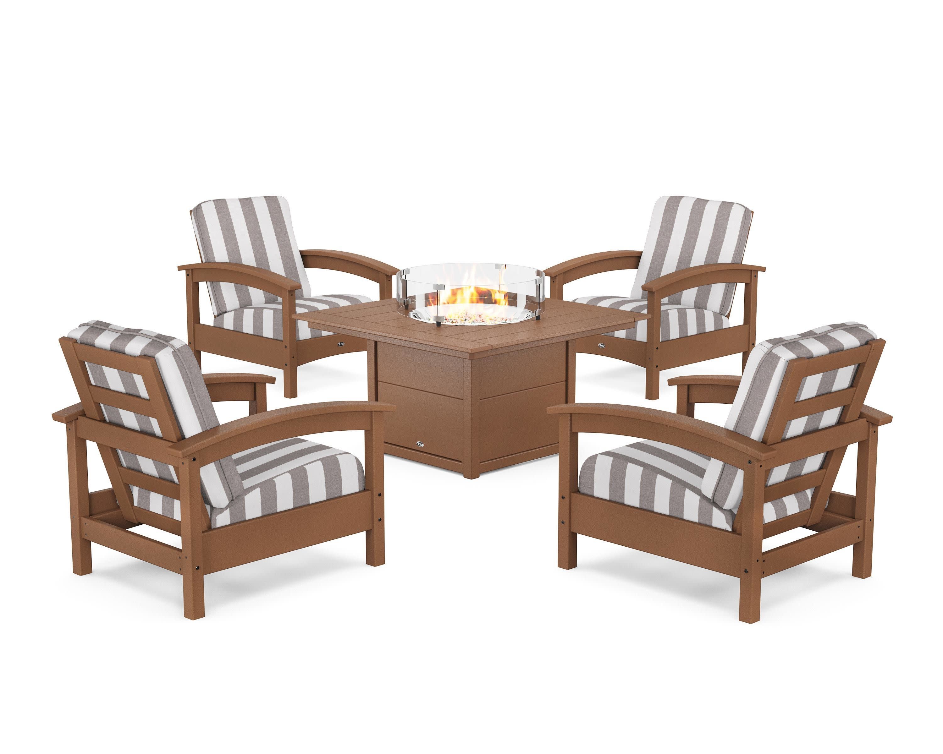 Rockport 5-Piece Deep Seating Set with Square Fire Pit Table in Tree House / Cabana Stripe Grey Mist