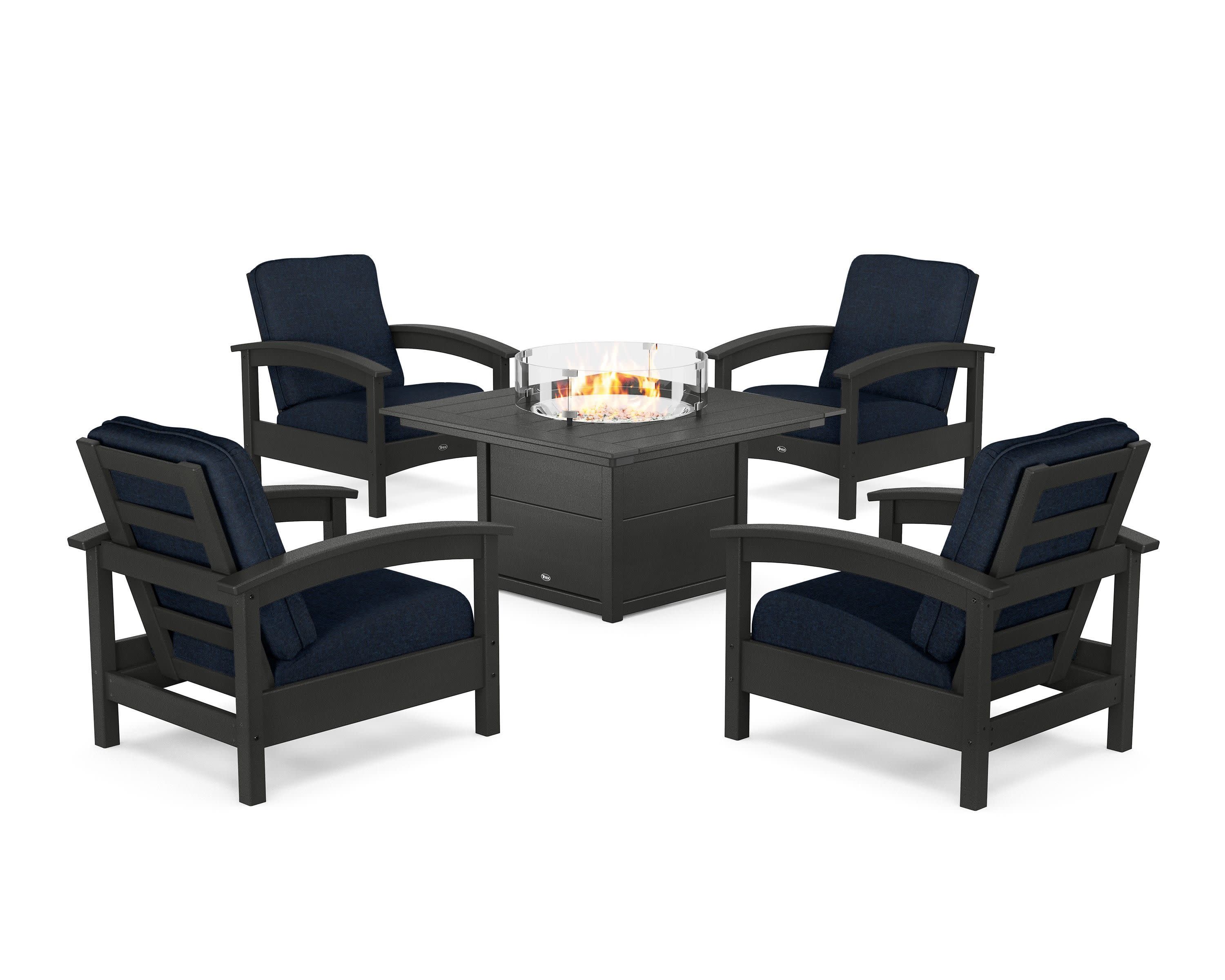 Rockport 5-Piece Deep Seating Set with Square Fire Pit Table in Charcoal Black / Marine Indigo