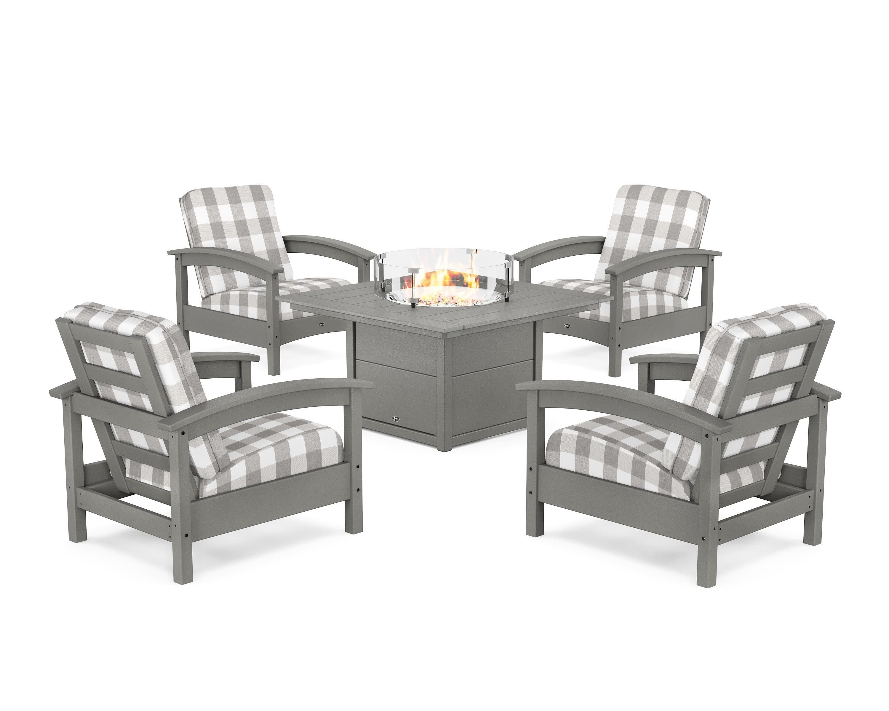 Rockport 5-Piece Deep Seating Set with Square Fire Pit Table in Stepping Stone / Buffalo Plaid Grey Mist