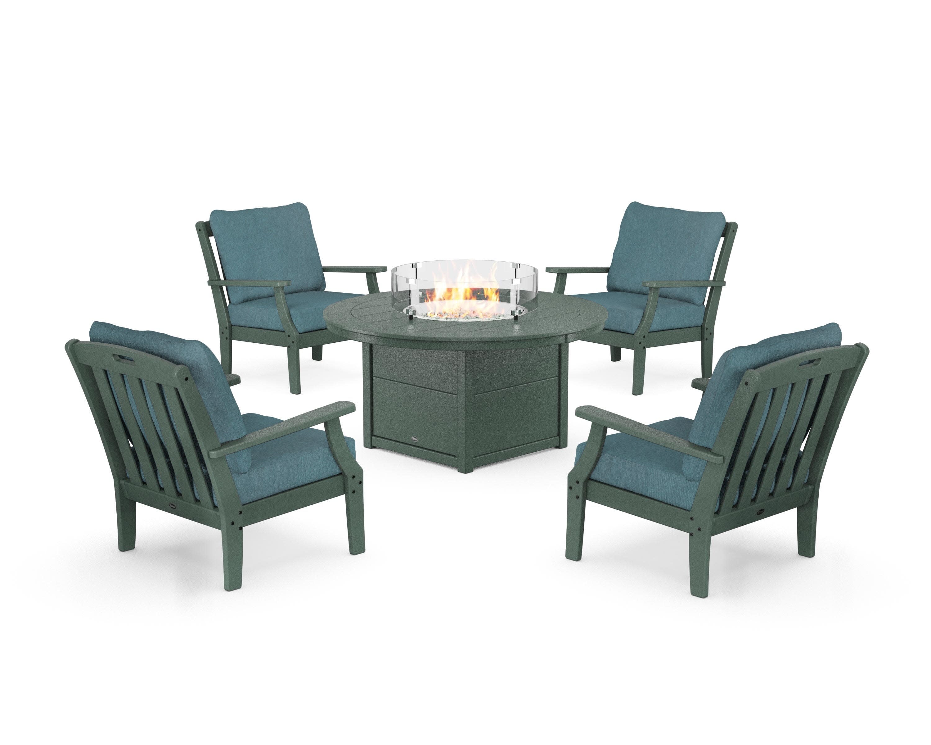 Yacht Club 5-Piece Deep Seating Set with Round Fire Pit Table in Rainforest Canopy / Ocean Teal