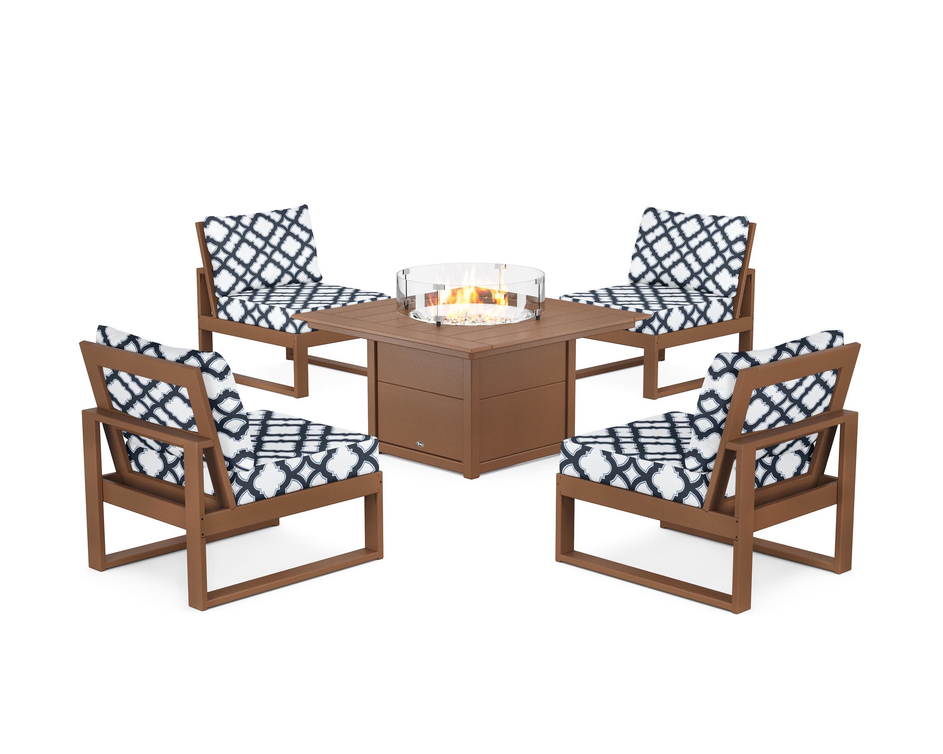 Eastport Modular 5-Piece Deep Seating Set with Square Fire Pit Table in Tree House / Trellis Marine Indigo