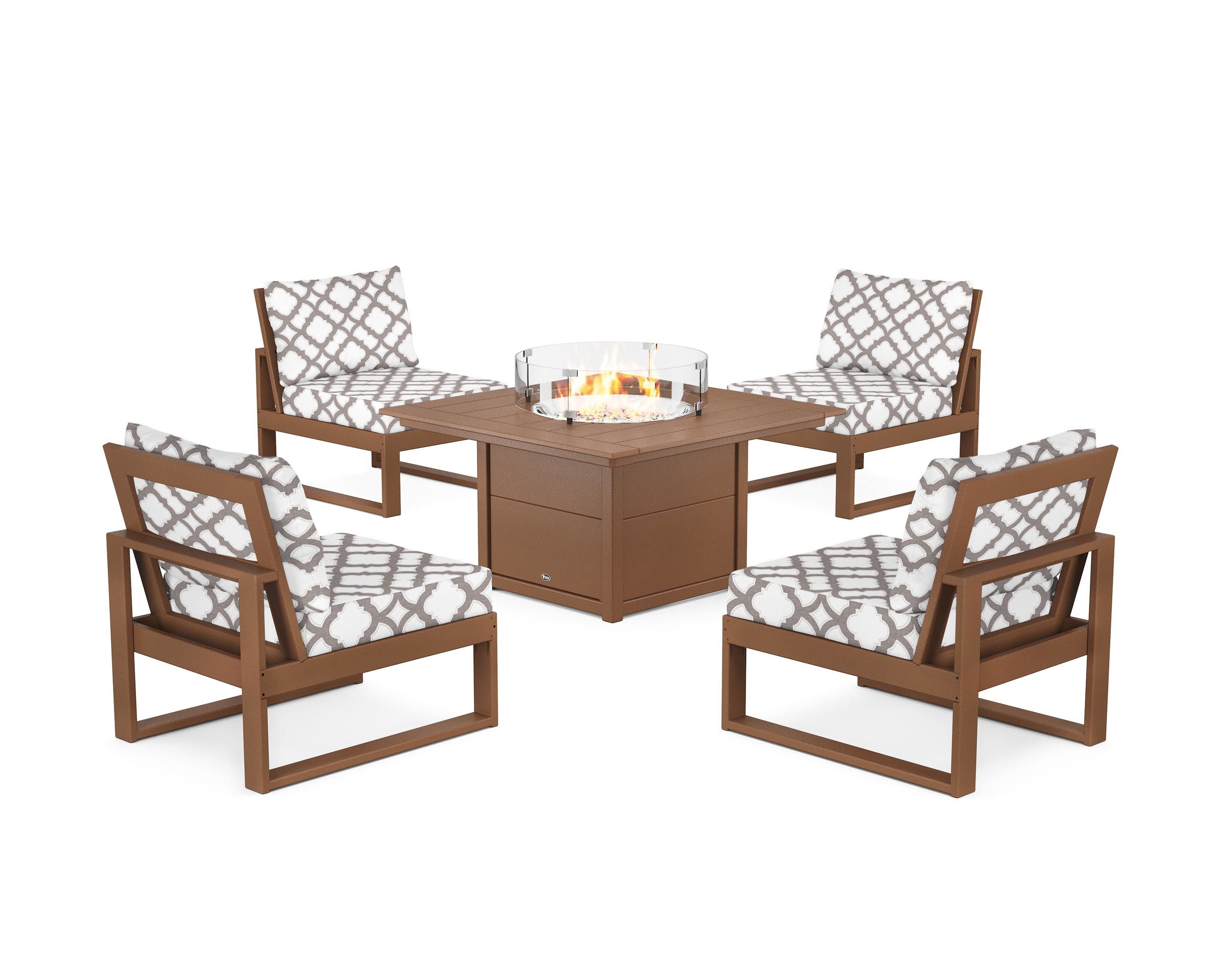 Eastport Modular 5-Piece Deep Seating Set with Square Fire Pit Table in Tree House / Trellis Grey Mist