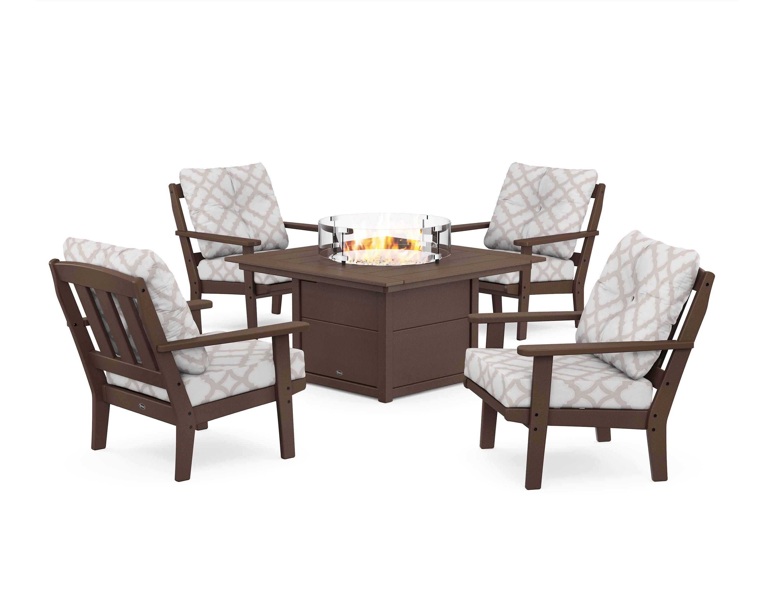 Cape Cod 5-Piece Deep Seating Set with Fire Pit Table in Vintage Lantern / Trellis Dune Burlap