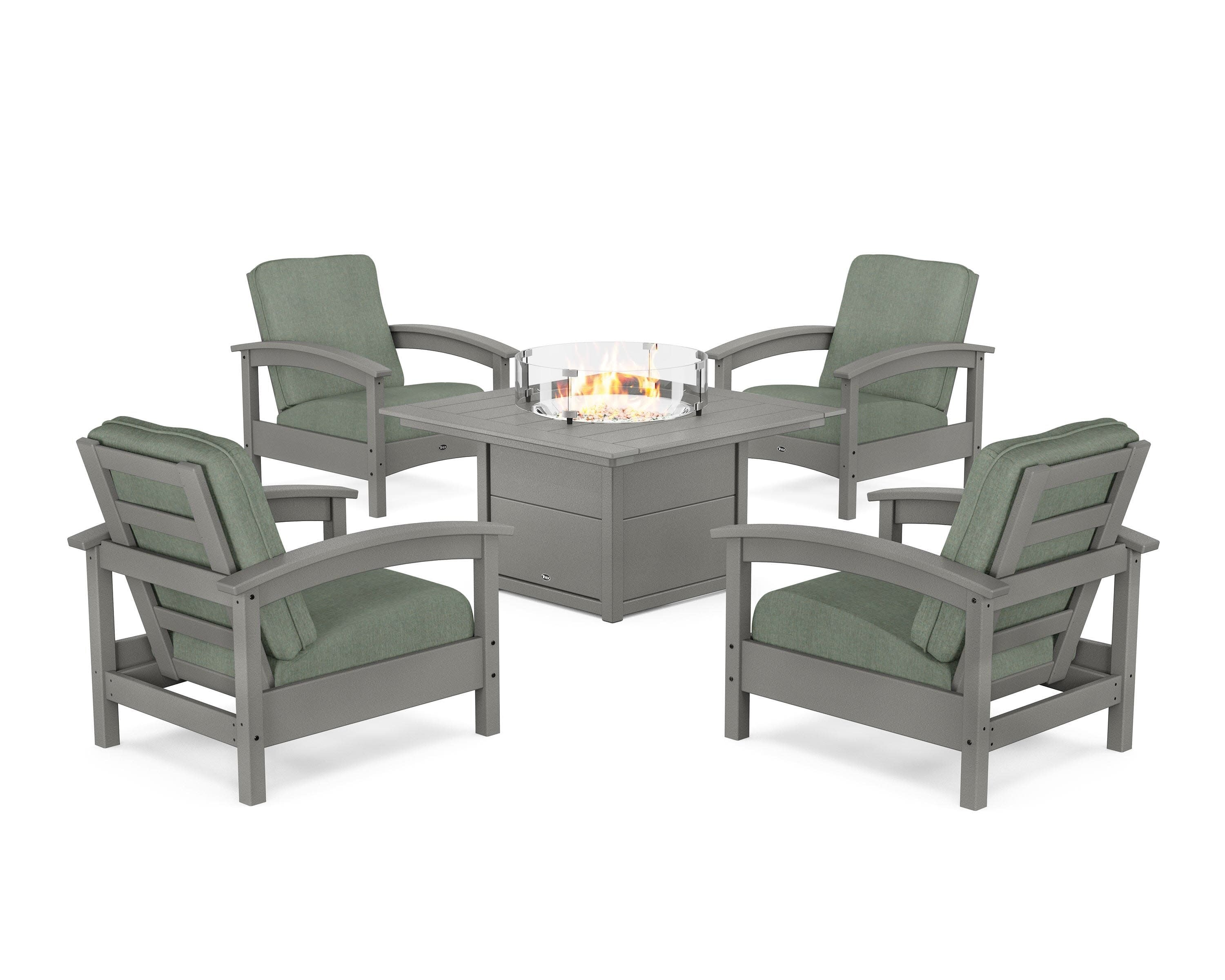 Rockport 5-Piece Deep Seating Set with Square Fire Pit Table in Stepping Stone / Cast Sage