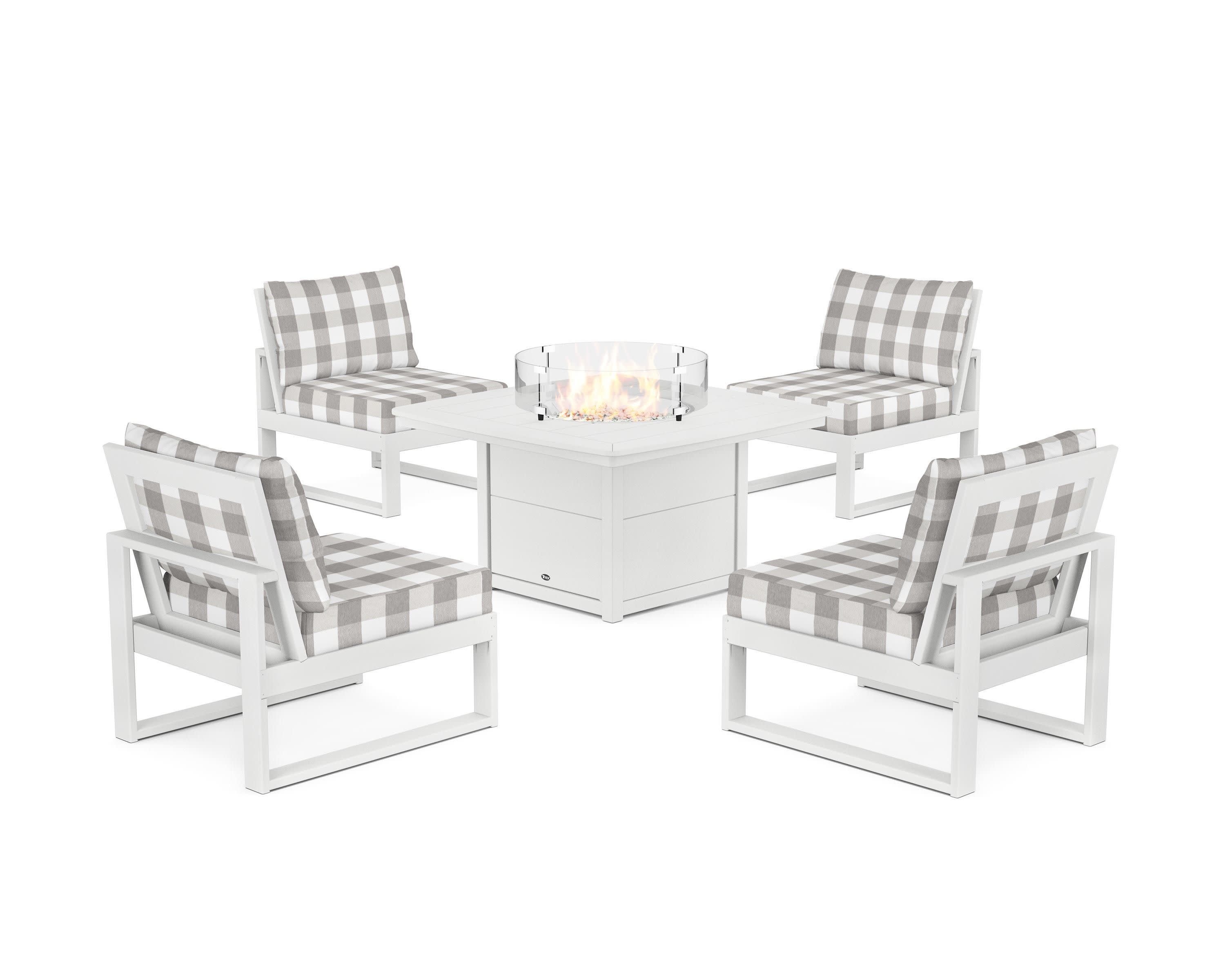 Eastport Modular 5-Piece Deep Seating Set with Yacht Club Fire Pit Table in Classic White / Buffalo Plaid Grey Mist