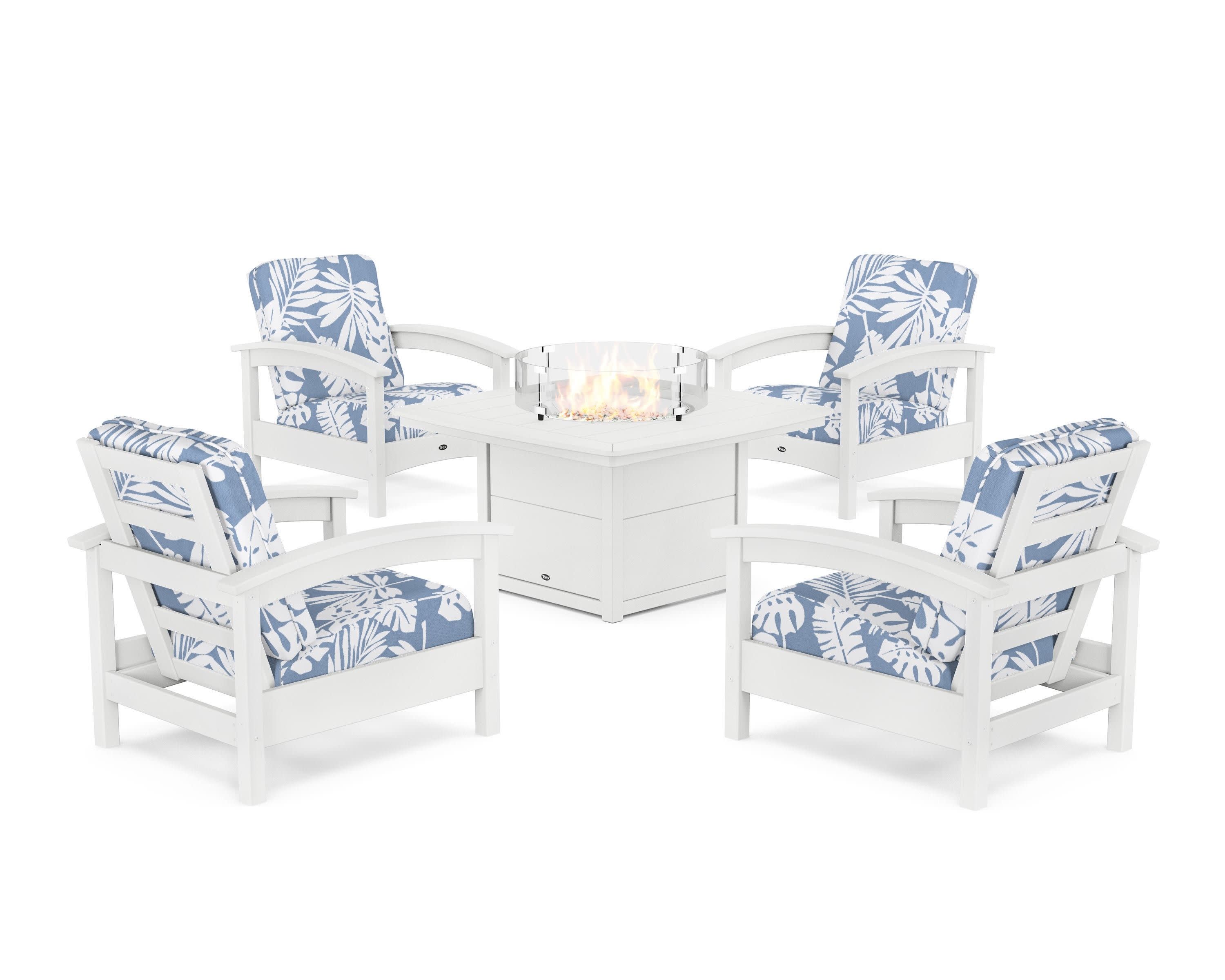 Rockport 5-Piece Deep Seating Set with Yacht Club Fire Pit Table in Classic White / Leaf Sky Blue