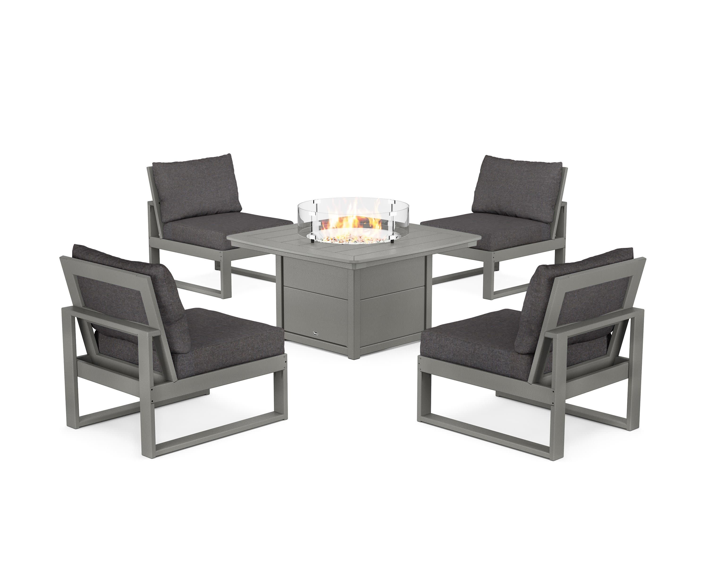 Eastport Modular 5-Piece Deep Seating Set with Yacht Club Fire Pit Table in Stepping Stone / Ash Charcoal