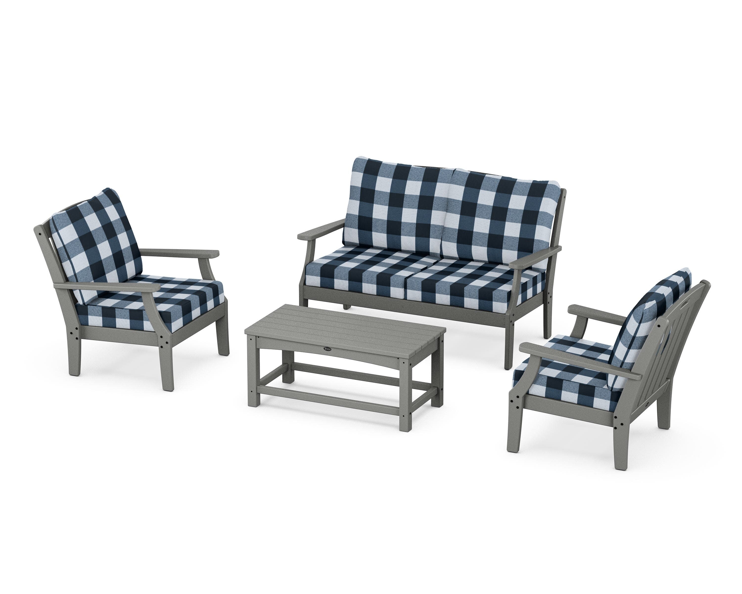 Yacht Club 4-Piece Deep Seating Chair Set in Stepping Stone / Buffalo Plaid Marine Indigo