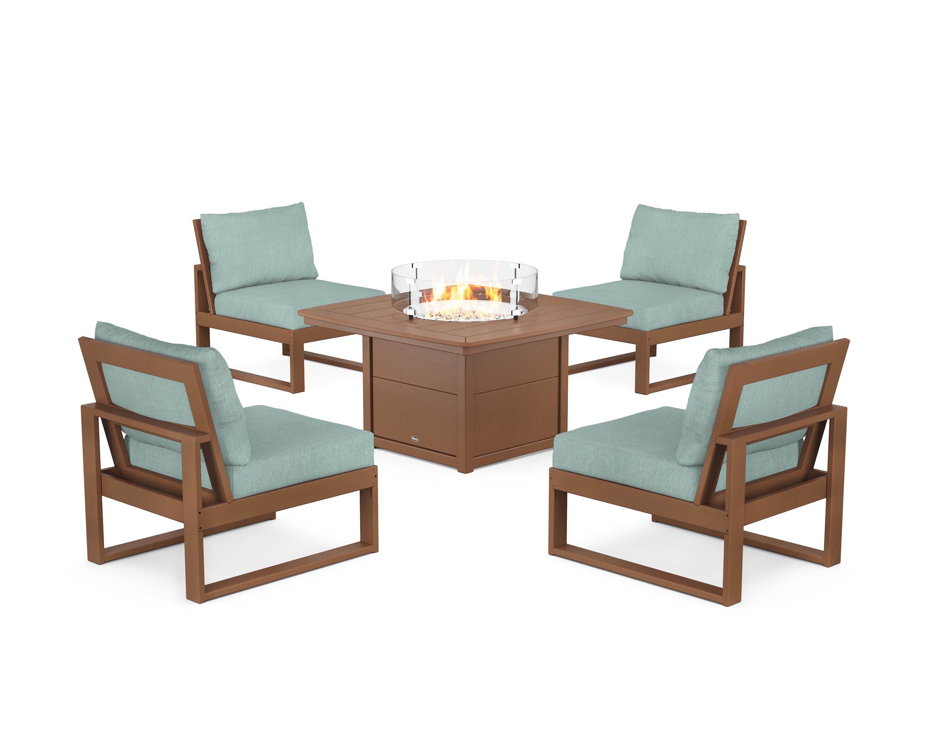 Eastport Modular 5-Piece Deep Seating Set with Yacht Club Fire Pit Table in Tree House / Glacier Spa