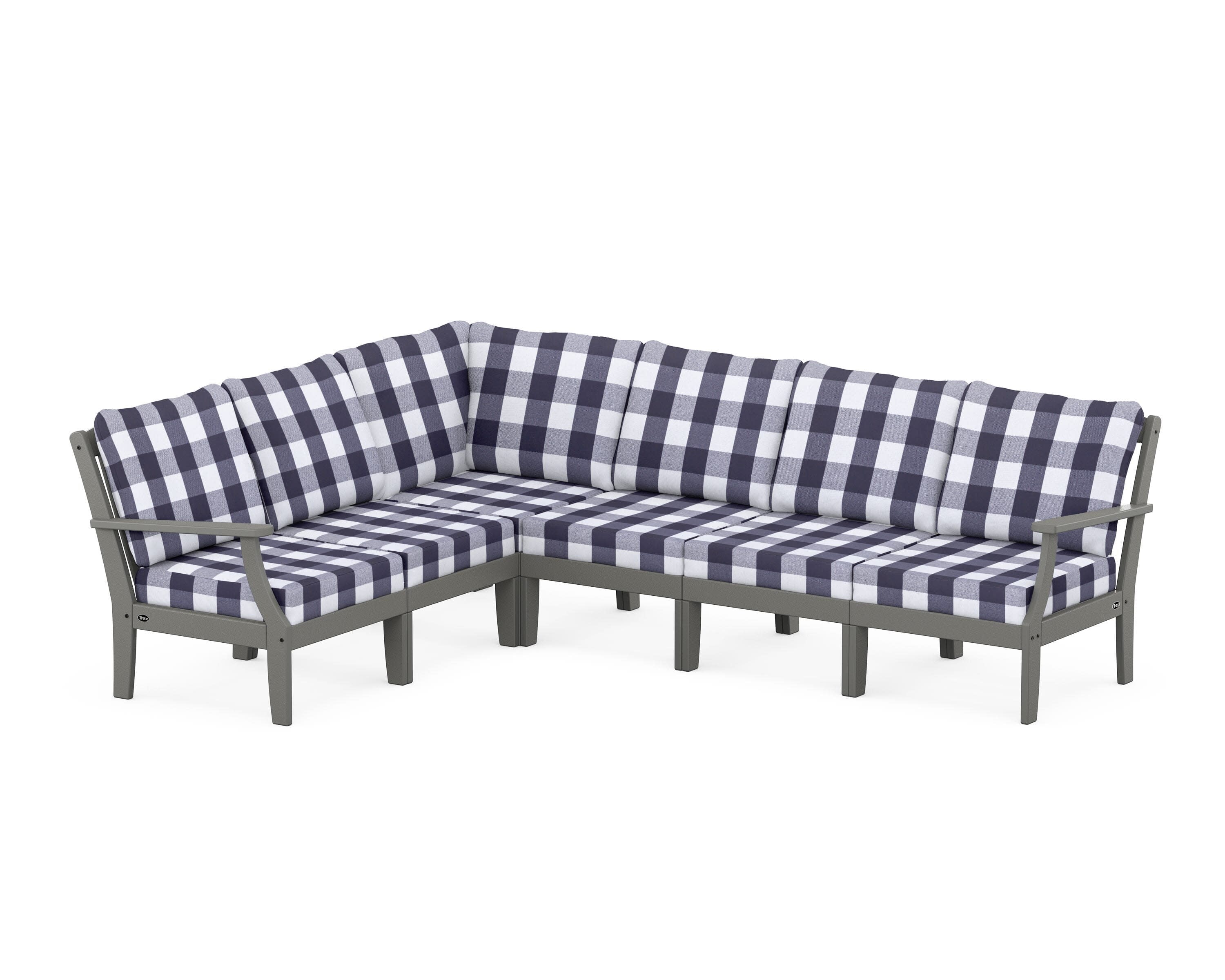 Yacht Club Modular 6-Piece Deep Seating Set in Stepping Stone / Buffalo Plaid Navy