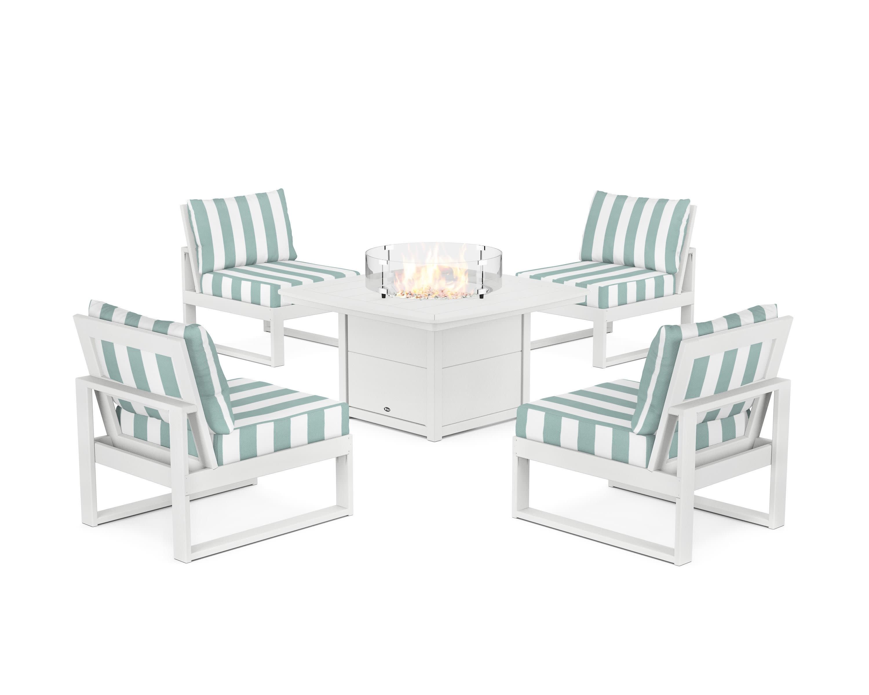 Eastport Modular 5-Piece Deep Seating Set with Yacht Club Fire Pit Table in Classic White / Cabana Stripe Glacier Spa