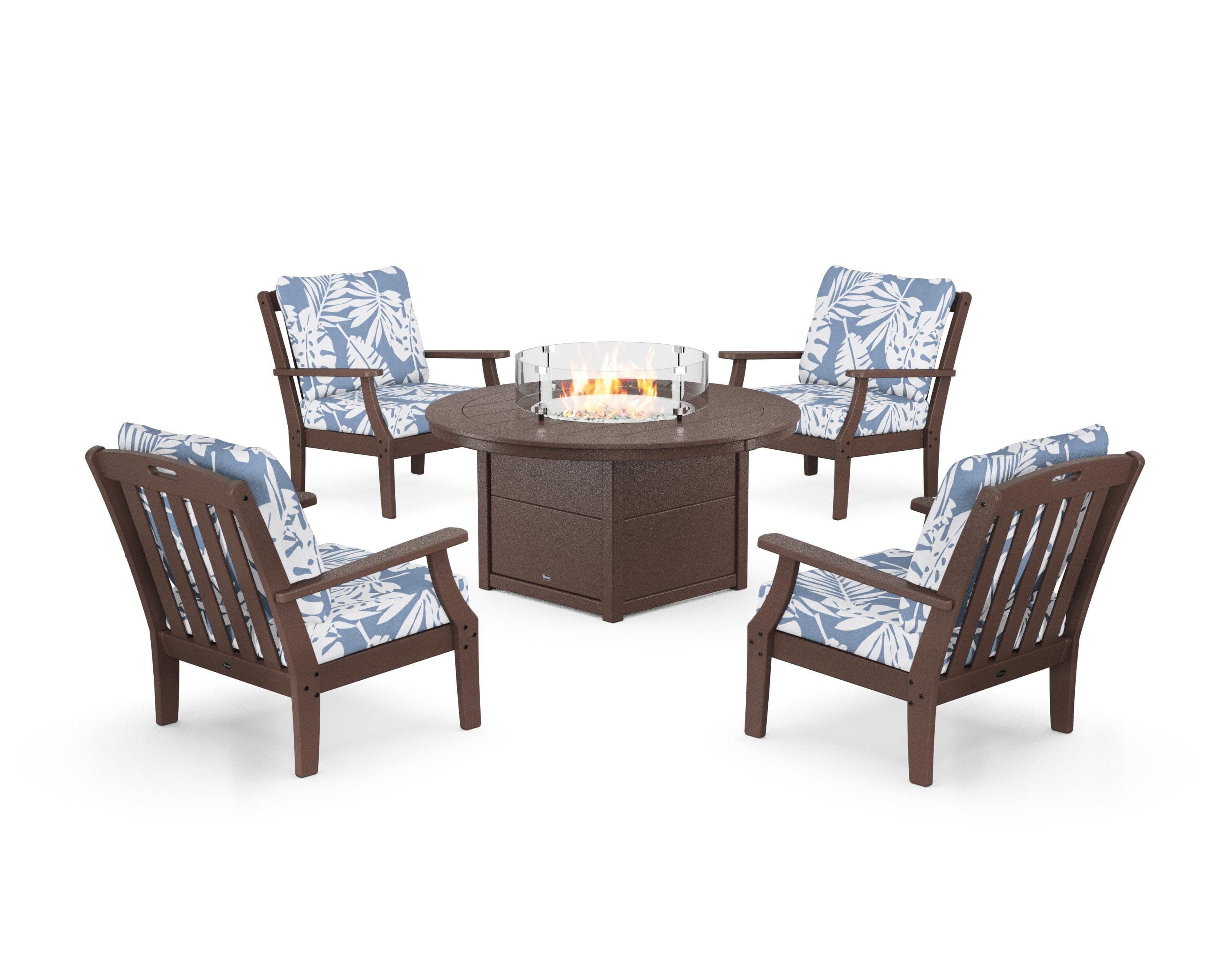 Yacht Club 5-Piece Deep Seating Set with Round Fire Pit Table in Vintage Lantern / Leaf Sky Blue