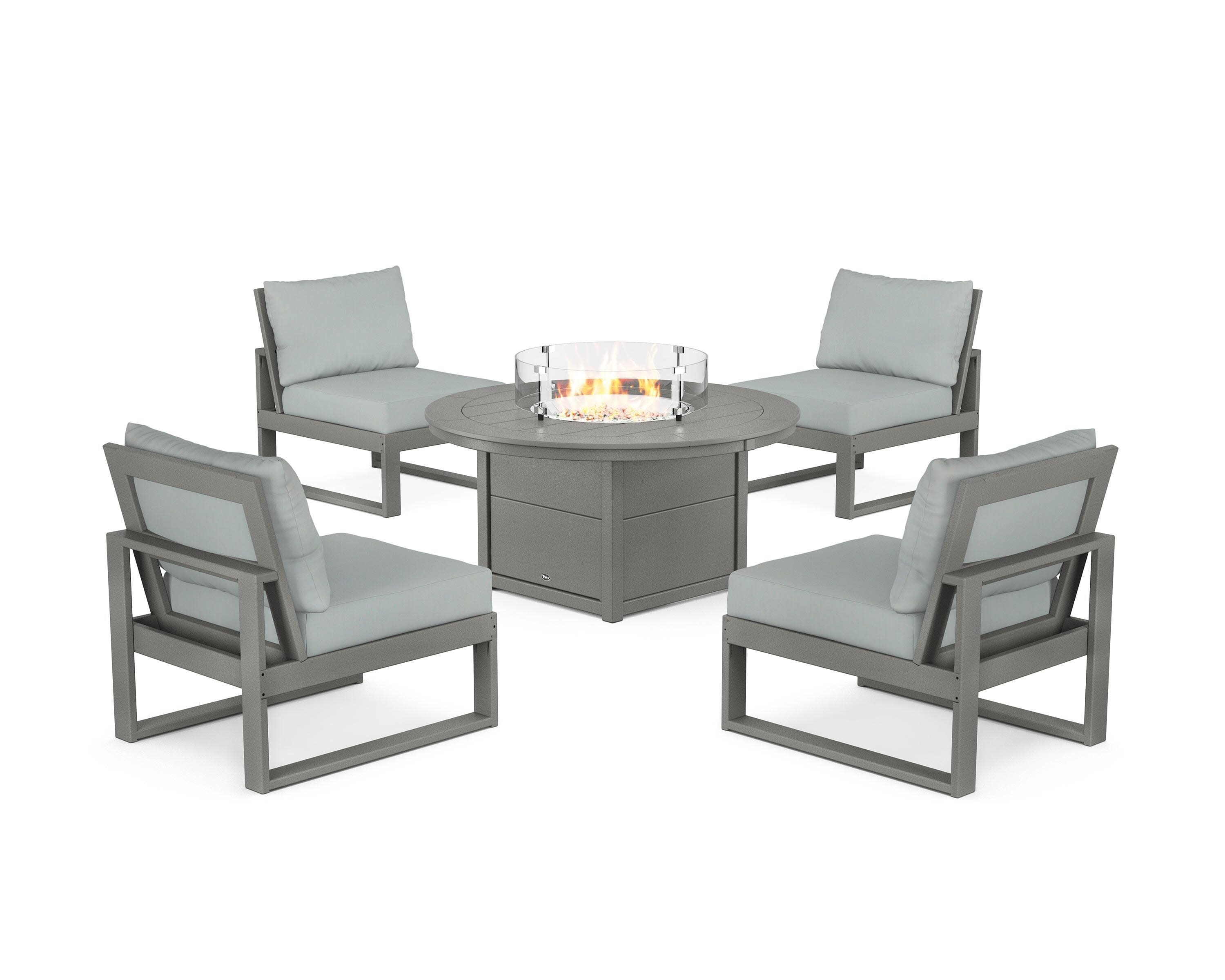 Eastport Modular 5-Piece Deep Seating Set with Round Fire Pit Table in Stepping Stone / Spa