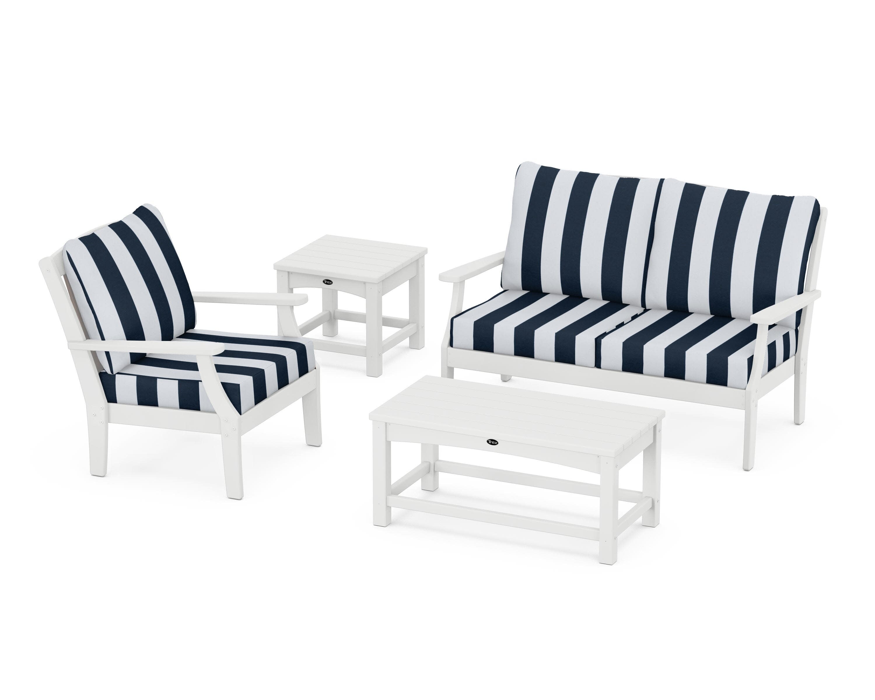 Yacht Club 4-Piece Deep Seating Set in Classic White / Cabana Stripe Marine Indigo