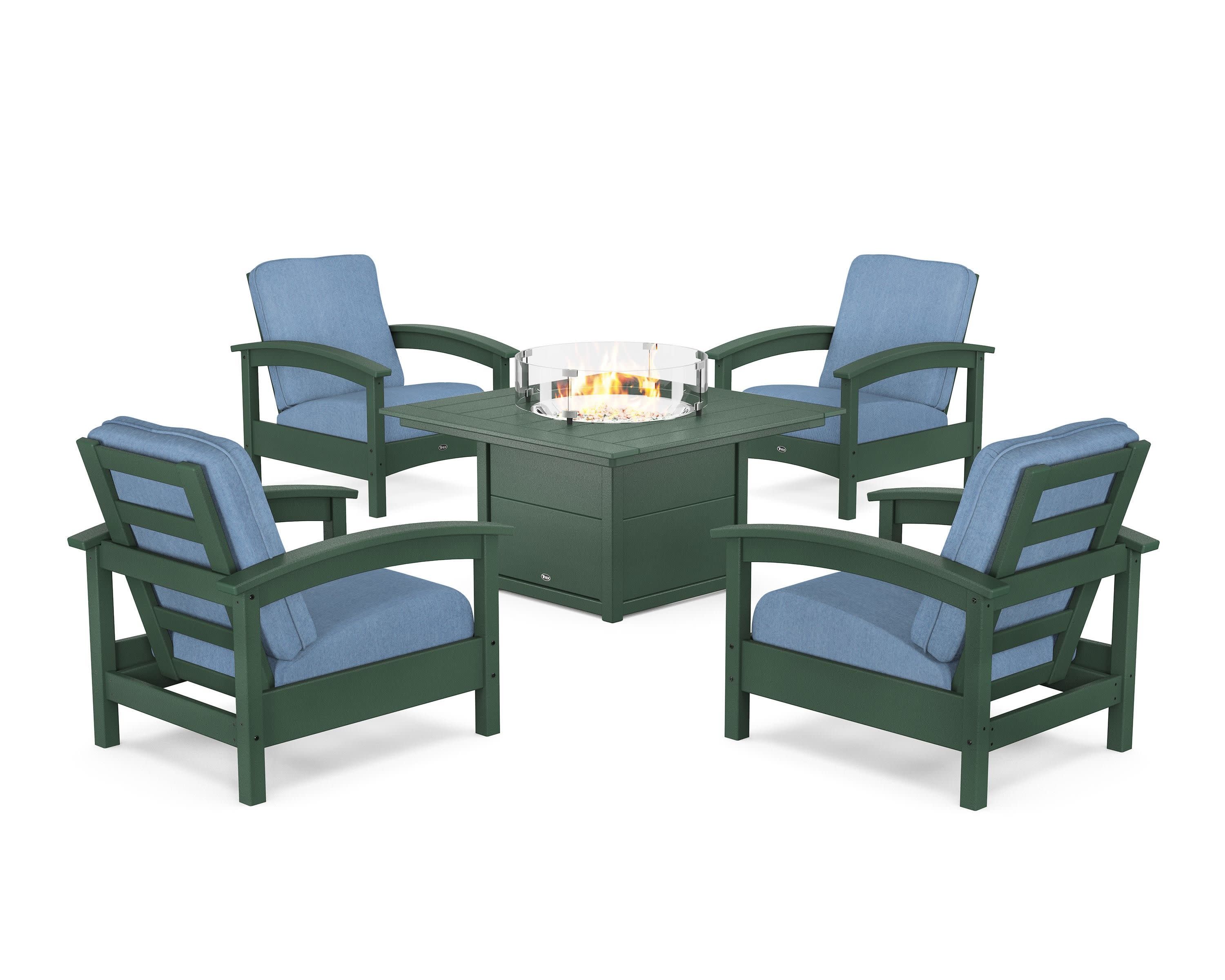 Rockport 5-Piece Deep Seating Set with Square Fire Pit Table in Rainforest Canopy / Sky Blue