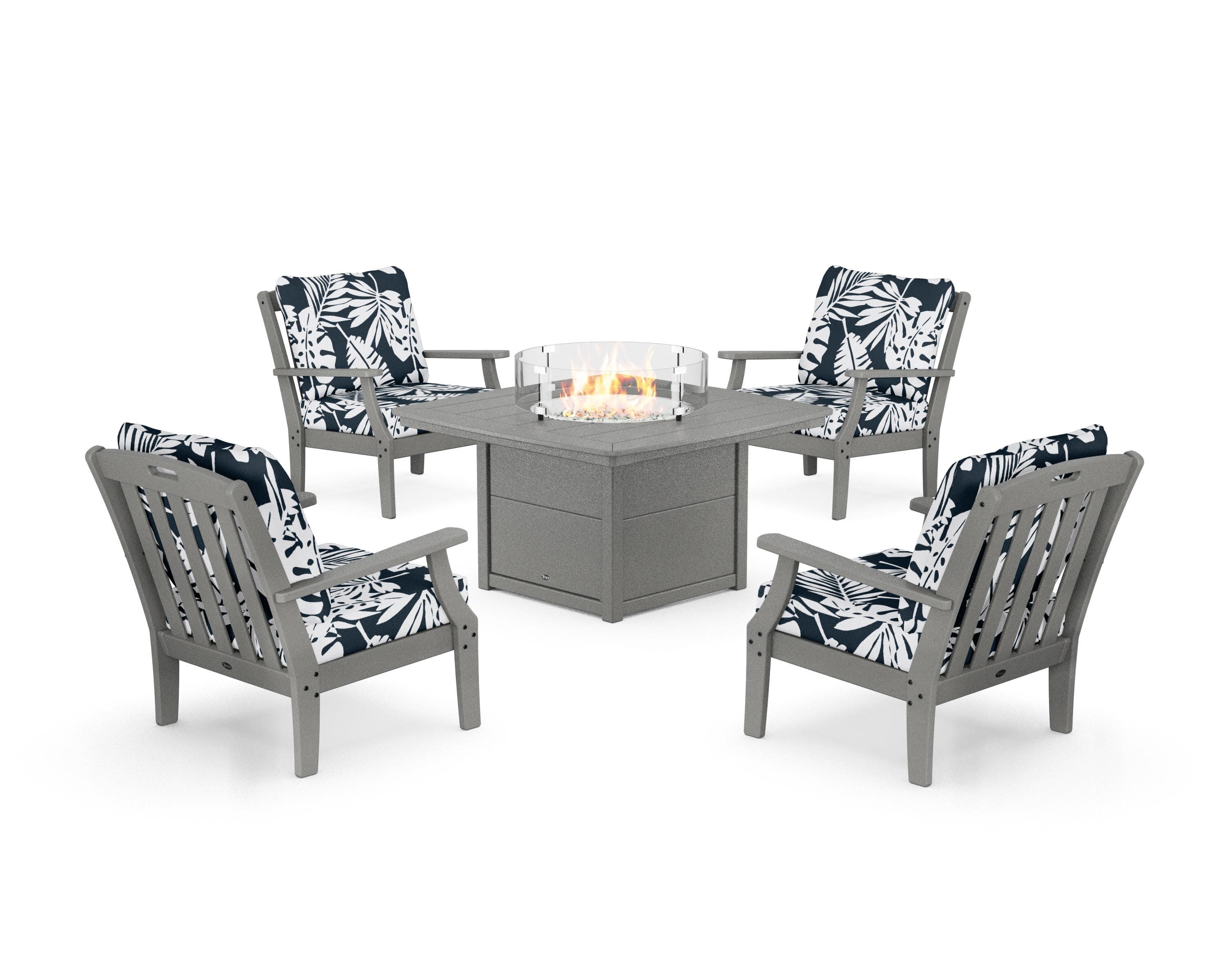 Yacht Club 5-Piece Deep Seating Set with Fire Pit Table in Stepping Stone / Leaf Marine Indigo