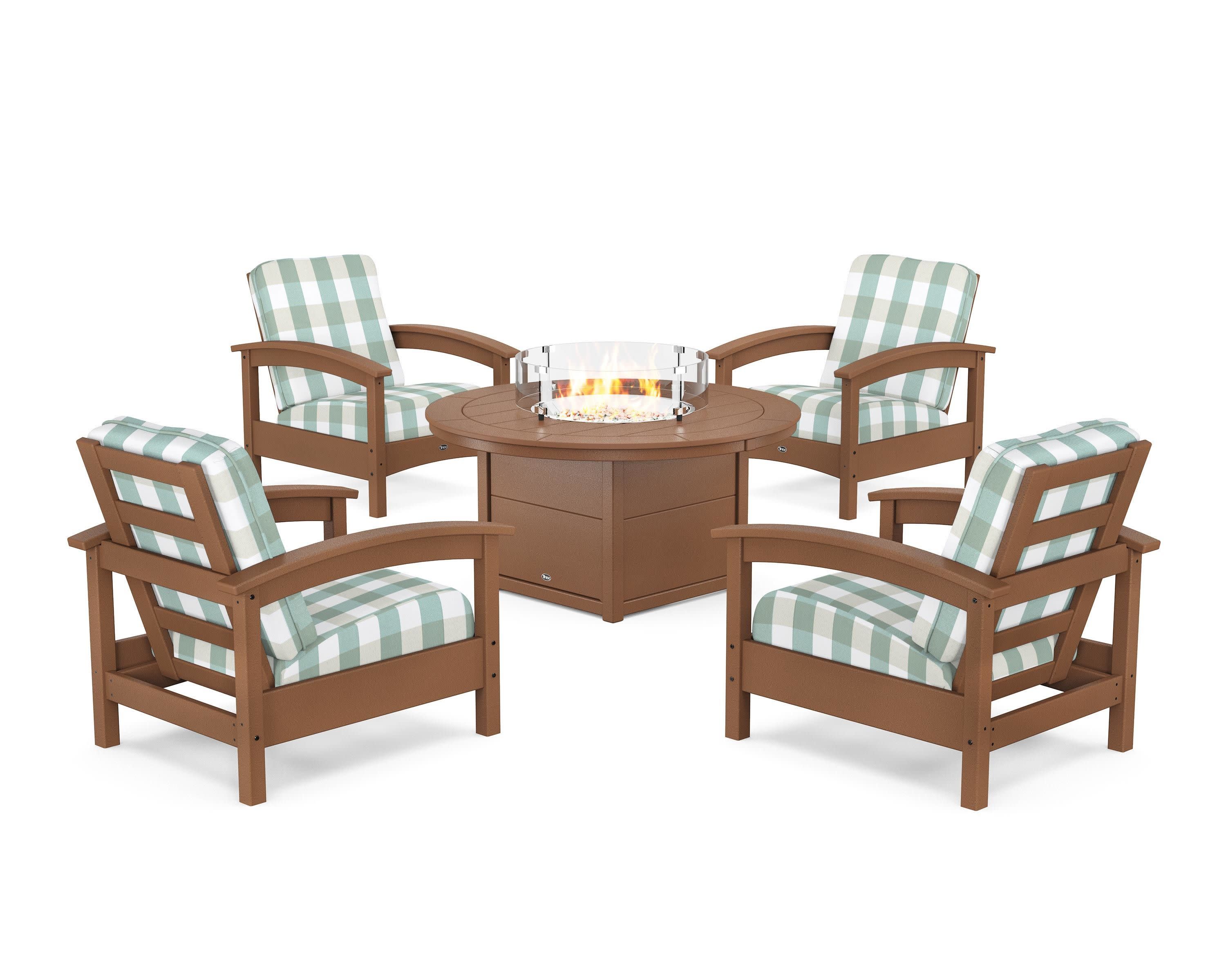 Rockport 5-Piece Deep Seating Set with Round Fire Pit Table in Tree House / Buffalo Plaid Glacier Spa