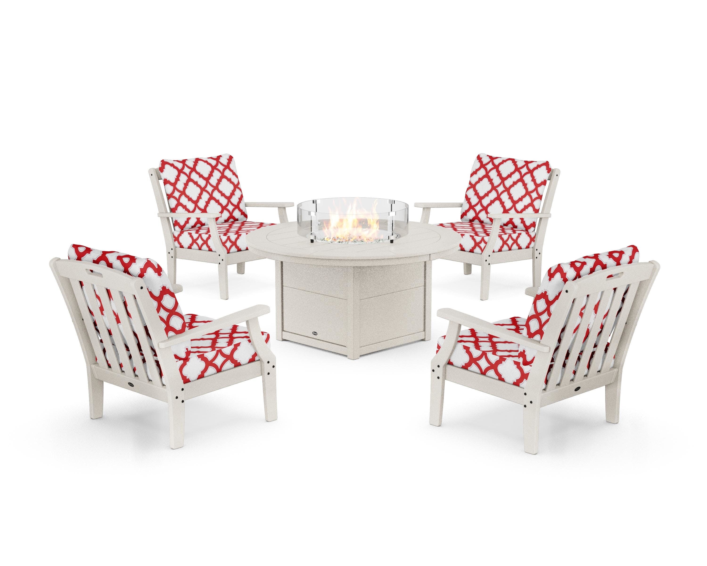 Yacht Club 5-Piece Deep Seating Set with Round Fire Pit Table in Sand Castle / Trellis Crimson
