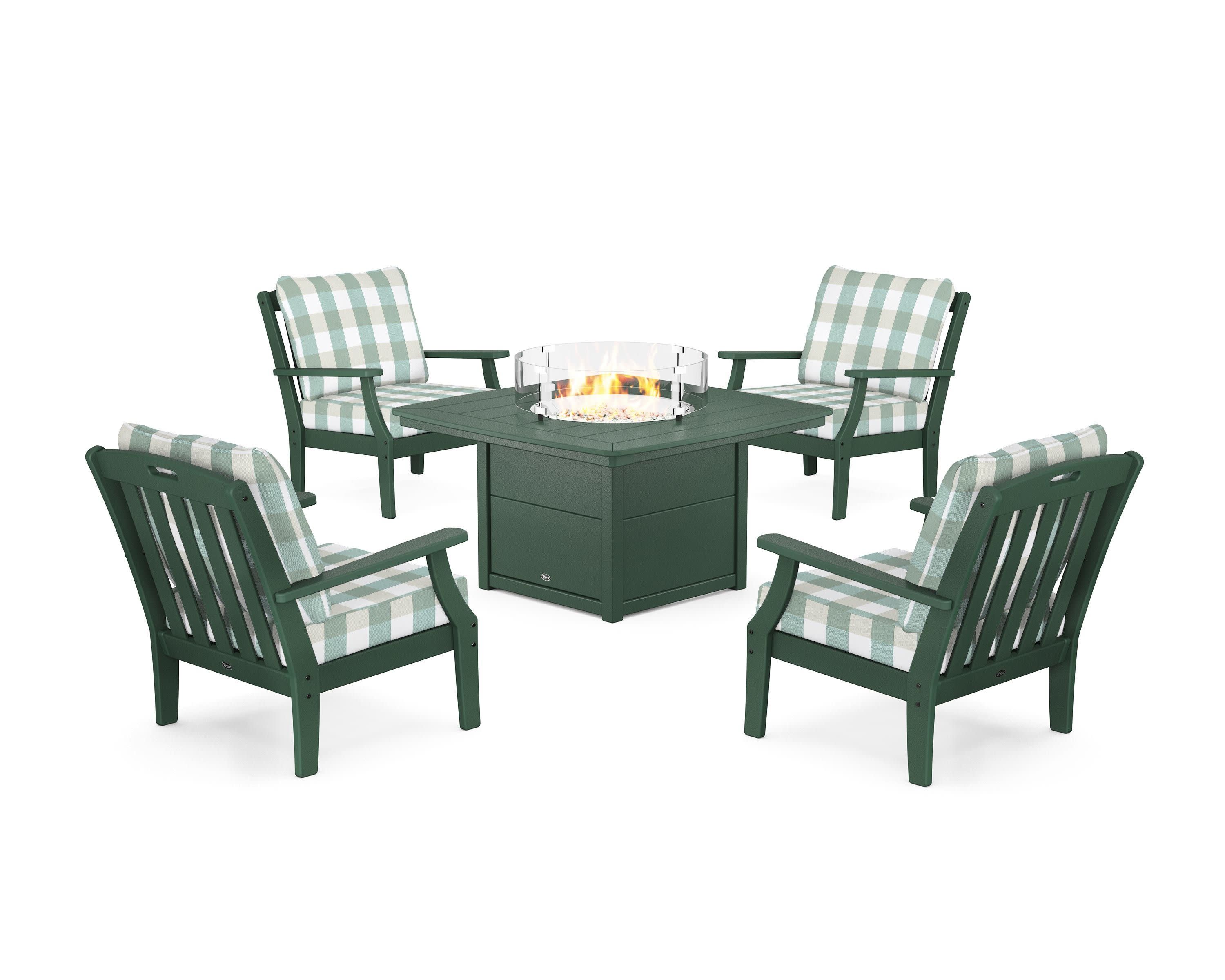 Yacht Club 5-Piece Deep Seating Set with Fire Pit Table in Rainforest Canopy / Buffalo Plaid Glacier Spa