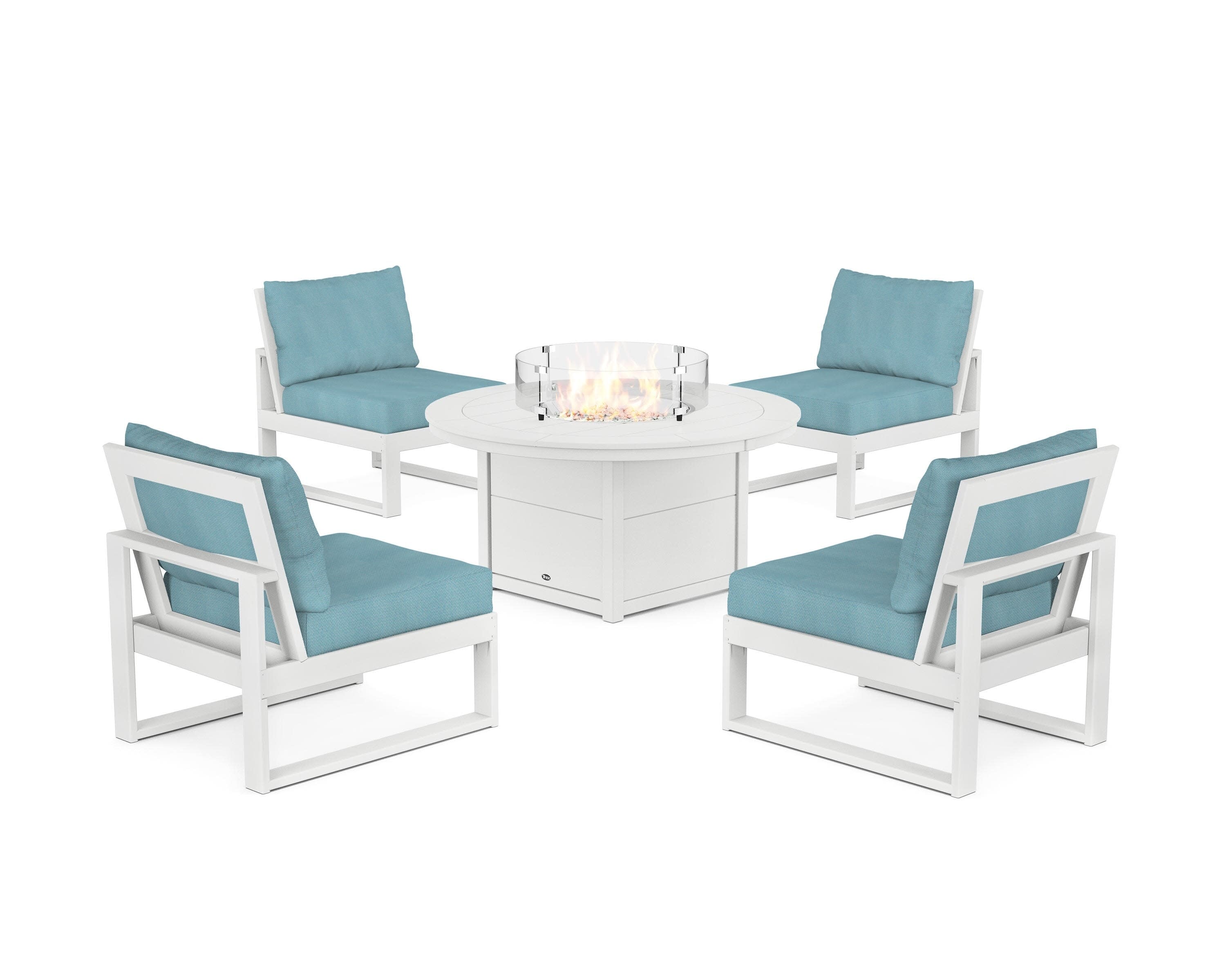 Eastport Modular 5-Piece Deep Seating Set with Round Fire Pit Table in Classic White / Lattice Sky Blue