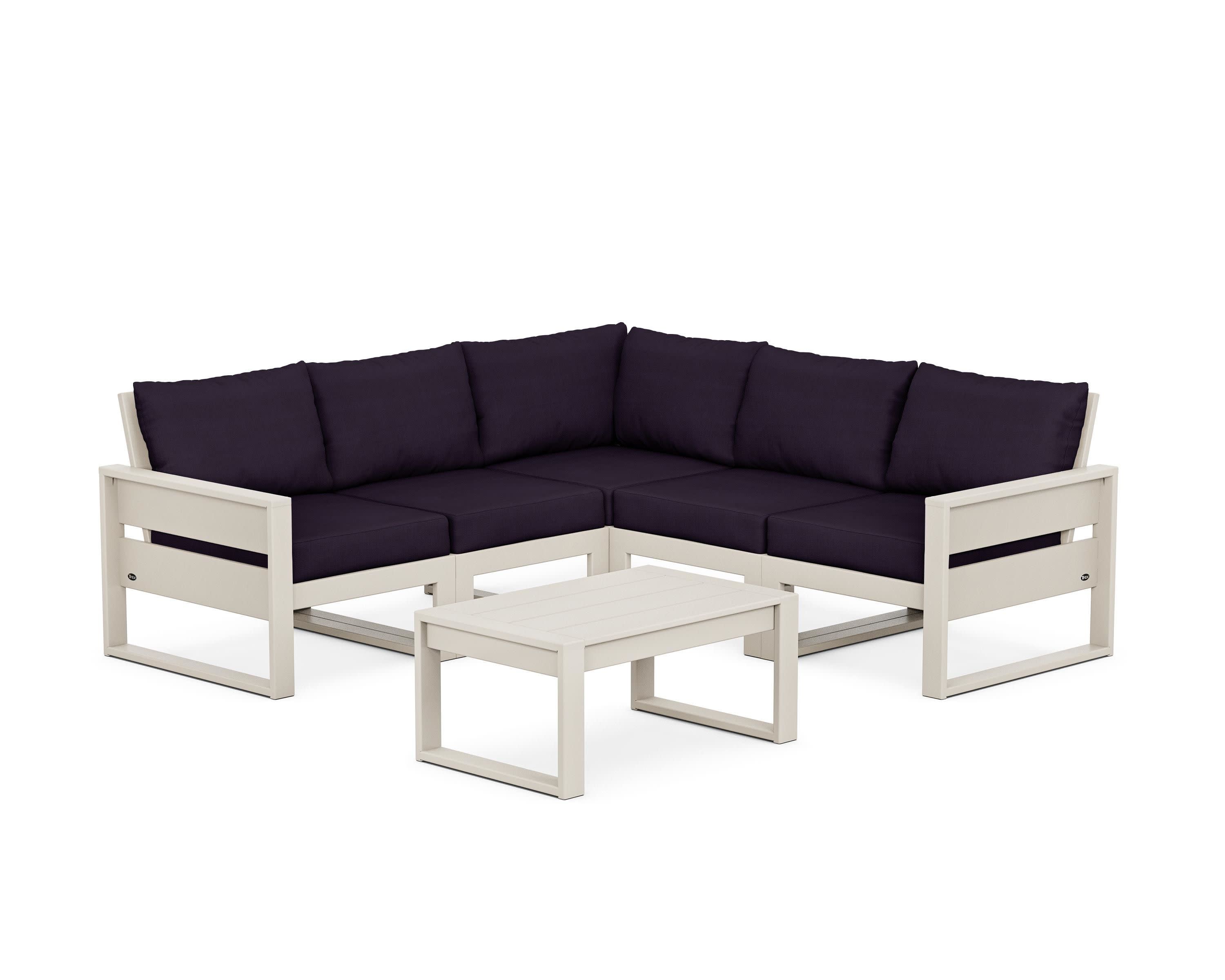 Eastport 6-Piece Deep Seating Sectional + Coffee Table Set in Sand Castle / Navy Linen