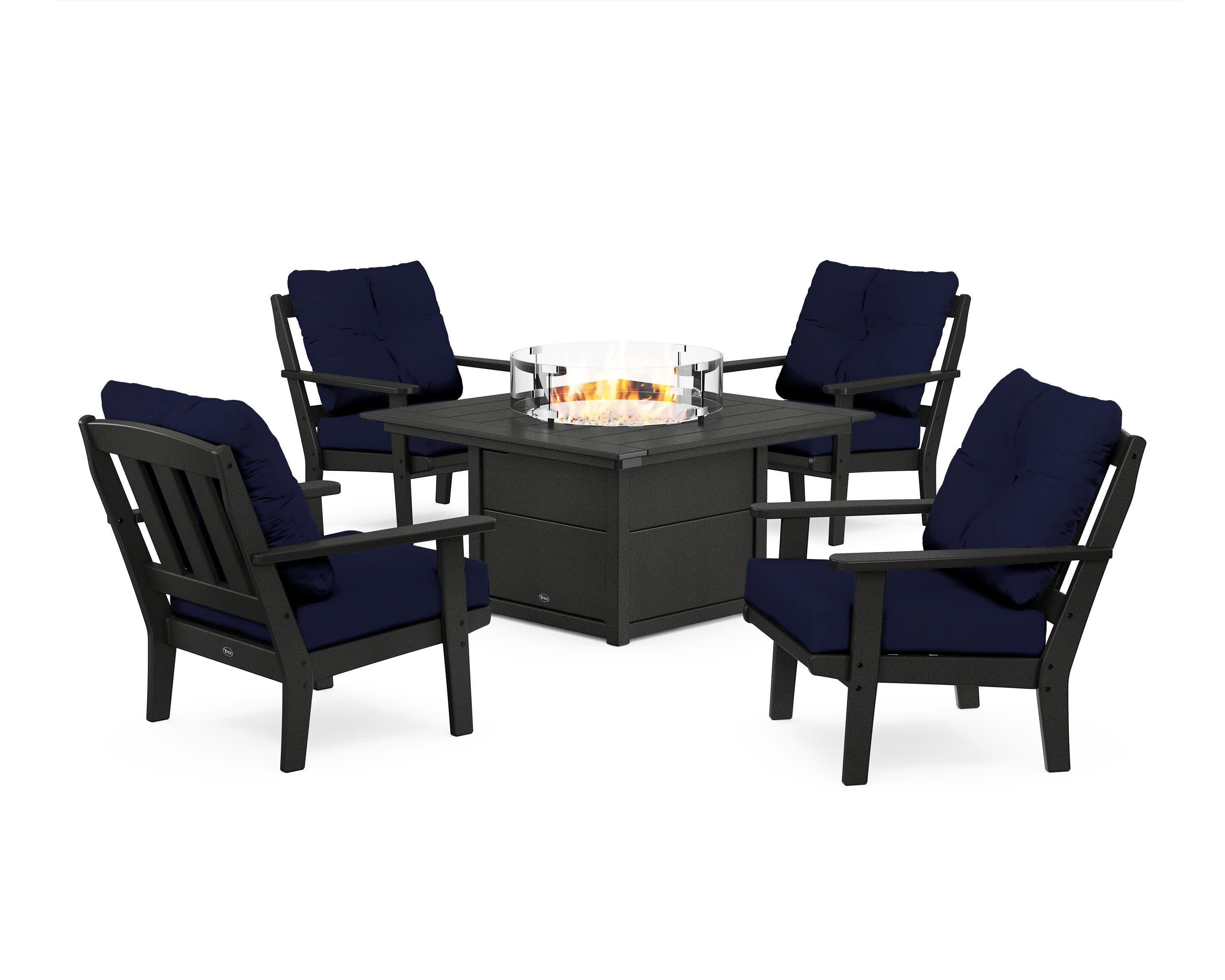 Cape Cod 5-Piece Deep Seating Set with Fire Pit Table in Charcoal Black / Navy