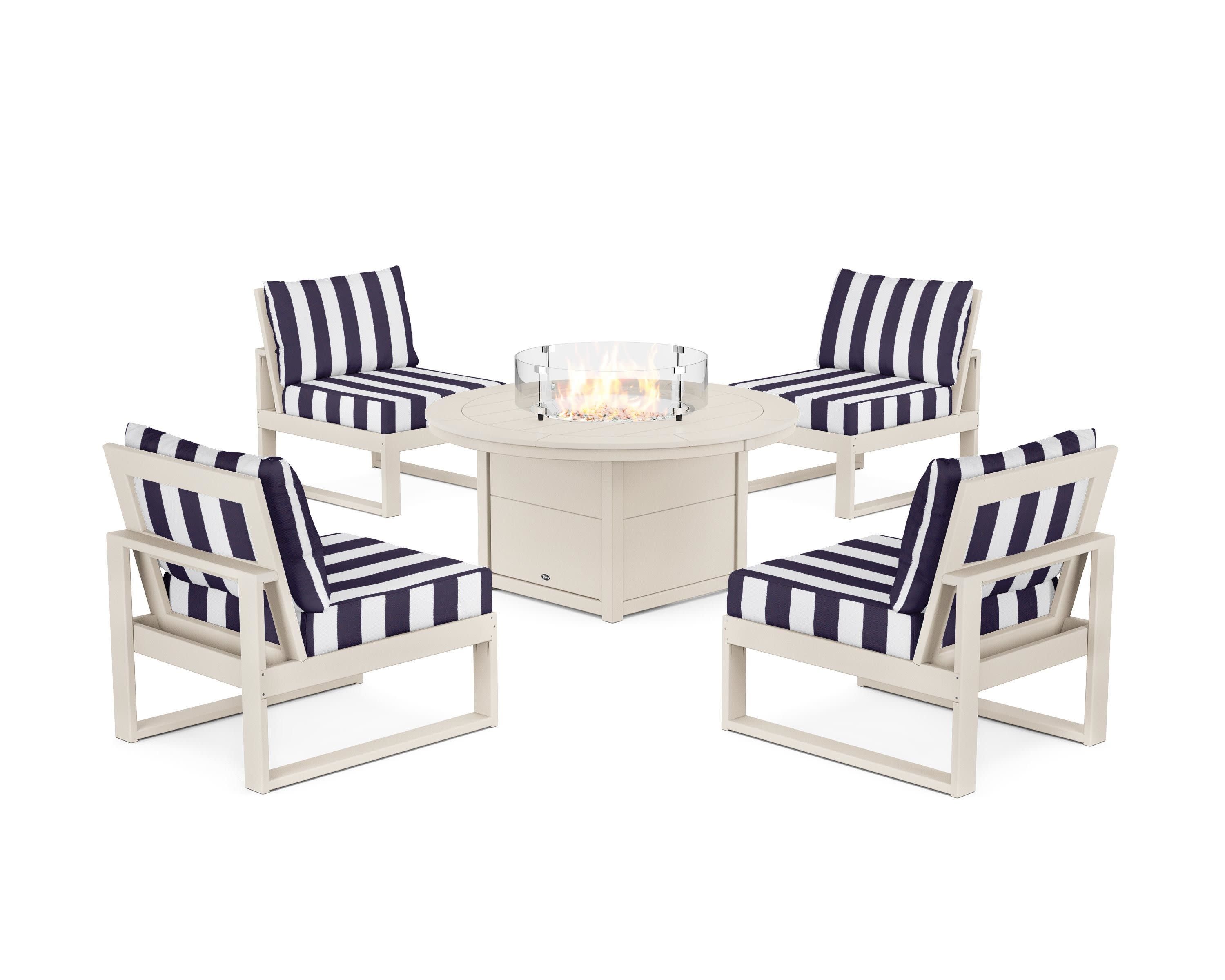 Eastport Modular 5-Piece Deep Seating Set with Round Fire Pit Table in Sand Castle / Cabana Stripe Navy