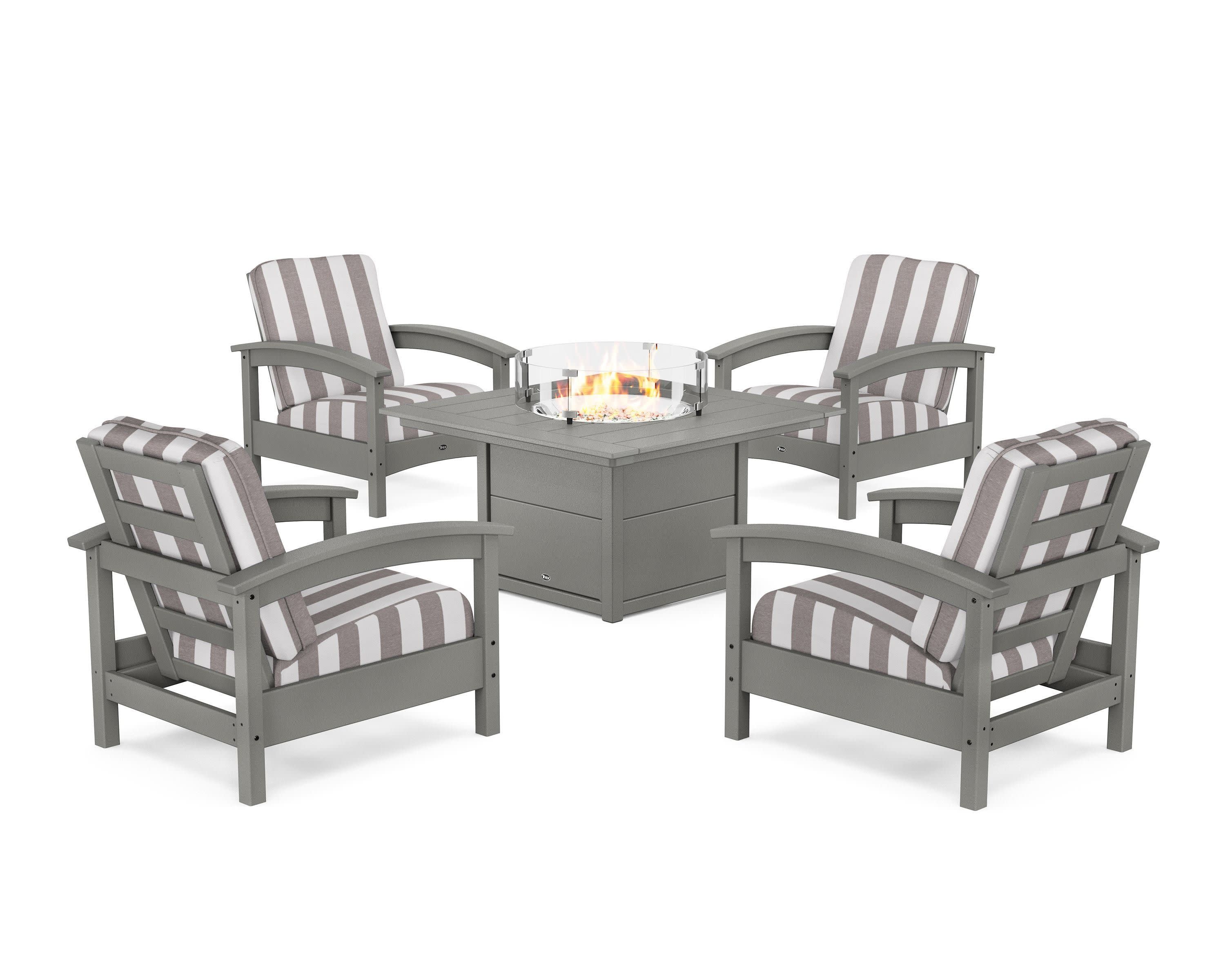Rockport 5-Piece Deep Seating Set with Square Fire Pit Table in Stepping Stone / Cabana Stripe Grey Mist