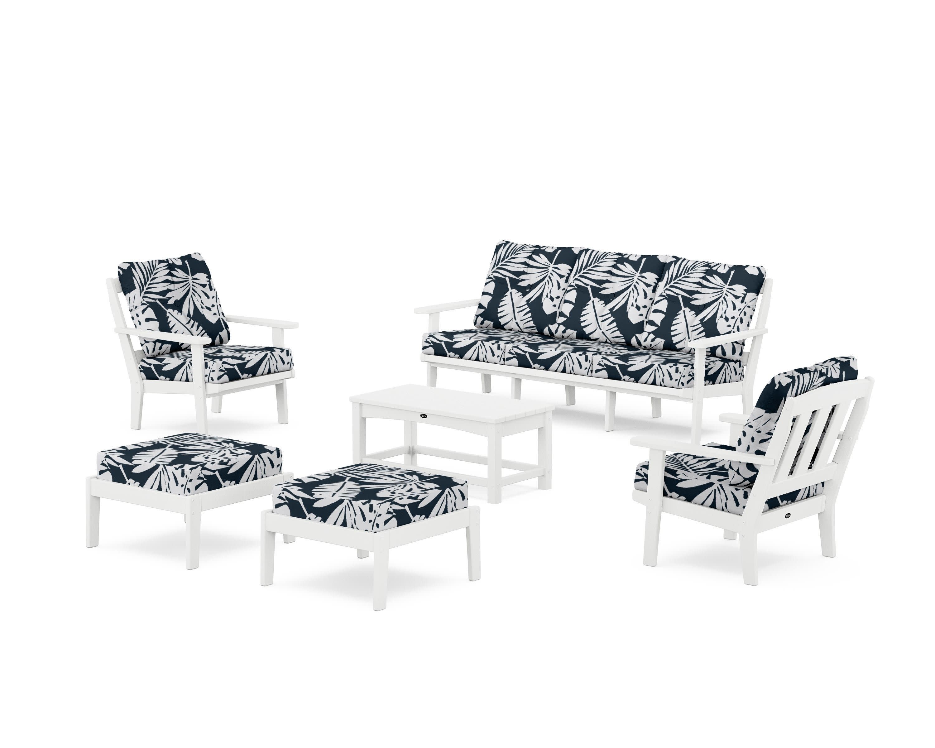 Cape Cod 6-Piece Lounge Sofa Set in Classic White / Leaf Marine Indigo