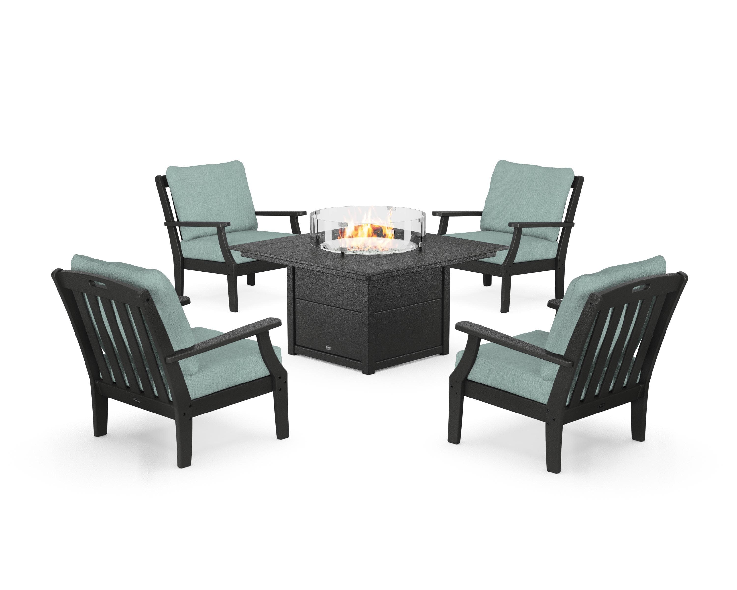 Yacht Club 5-Piece Deep Seating Set with Square Fire Pit Table in Charcoal Black / Glacier Spa