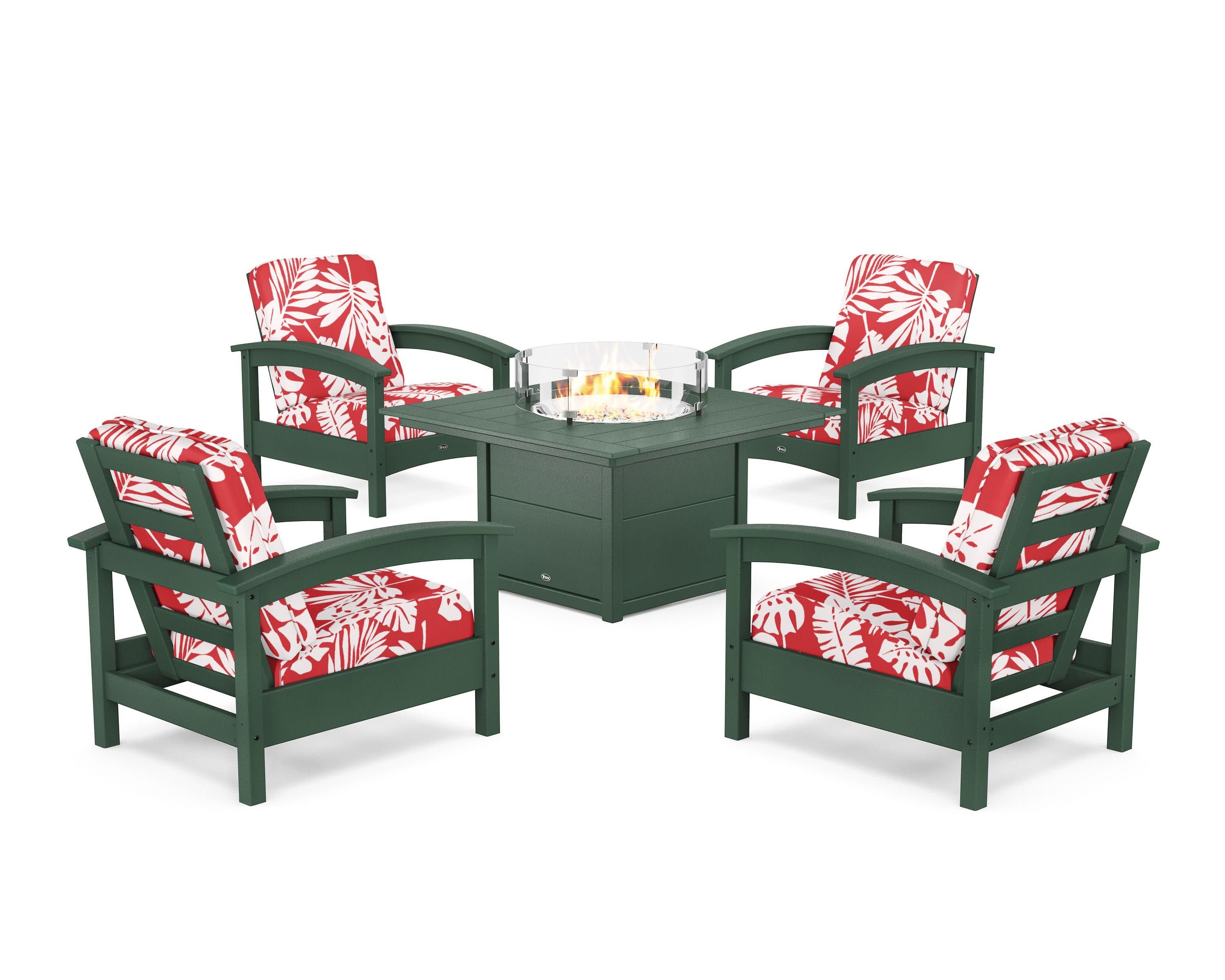 Rockport 5-Piece Deep Seating Set with Square Fire Pit Table in Rainforest Canopy / Leaf Crimson